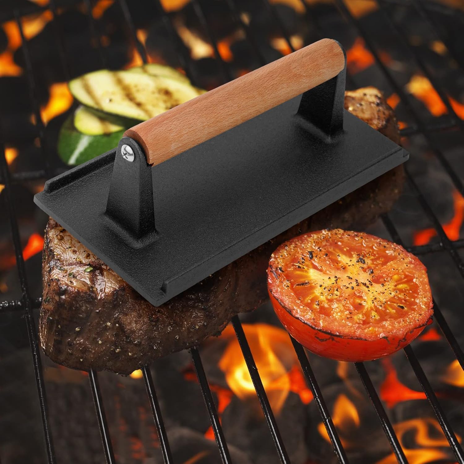 Pressa per Bistecche in Ghisa, Manico in Legno Ghisa Commerciale, Pressa per BBQ Panini Hamburger Griglia
