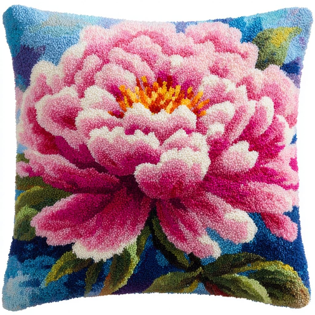 Taxpy DIY Latch Hook Pillow Cover Kits, Peony Flowers Stamped Handamade Pillowcase Crochet Yarn Hook and Latch Emboridery Throw Pillow 43x43cm