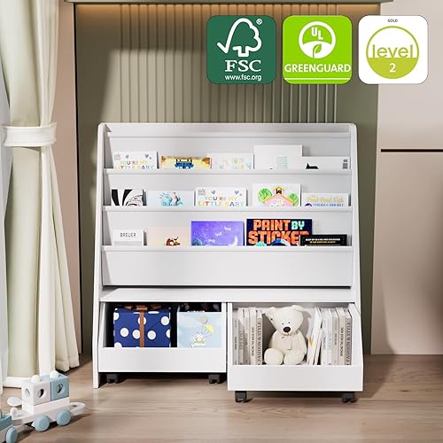 Miniatura 227 de Estantería de madera rosa de 4 niveles para niños, estantería de 5 capas, estante para libros de almacenamiento para bebés, organizador de juguetes