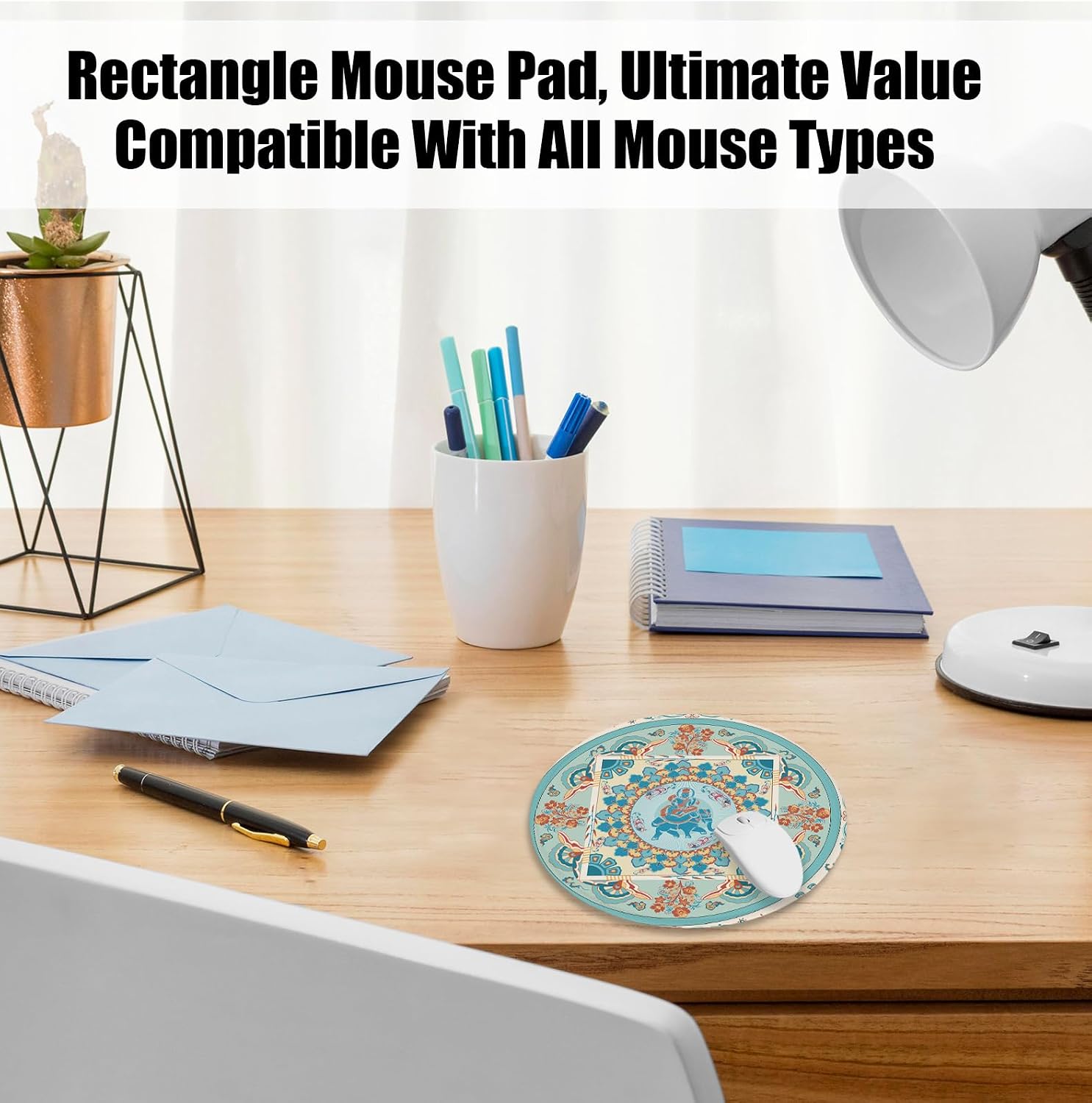 Teal Chinoiserie Dunhuang Art Mouse Pad for Desk, Boho Oriental Elephant Lotus Floral Round Mousepads with Anti-Slip Rubber Base for Computer Laptop Home Office Desk Accessories, 7.9x7.9 Inch image 5
