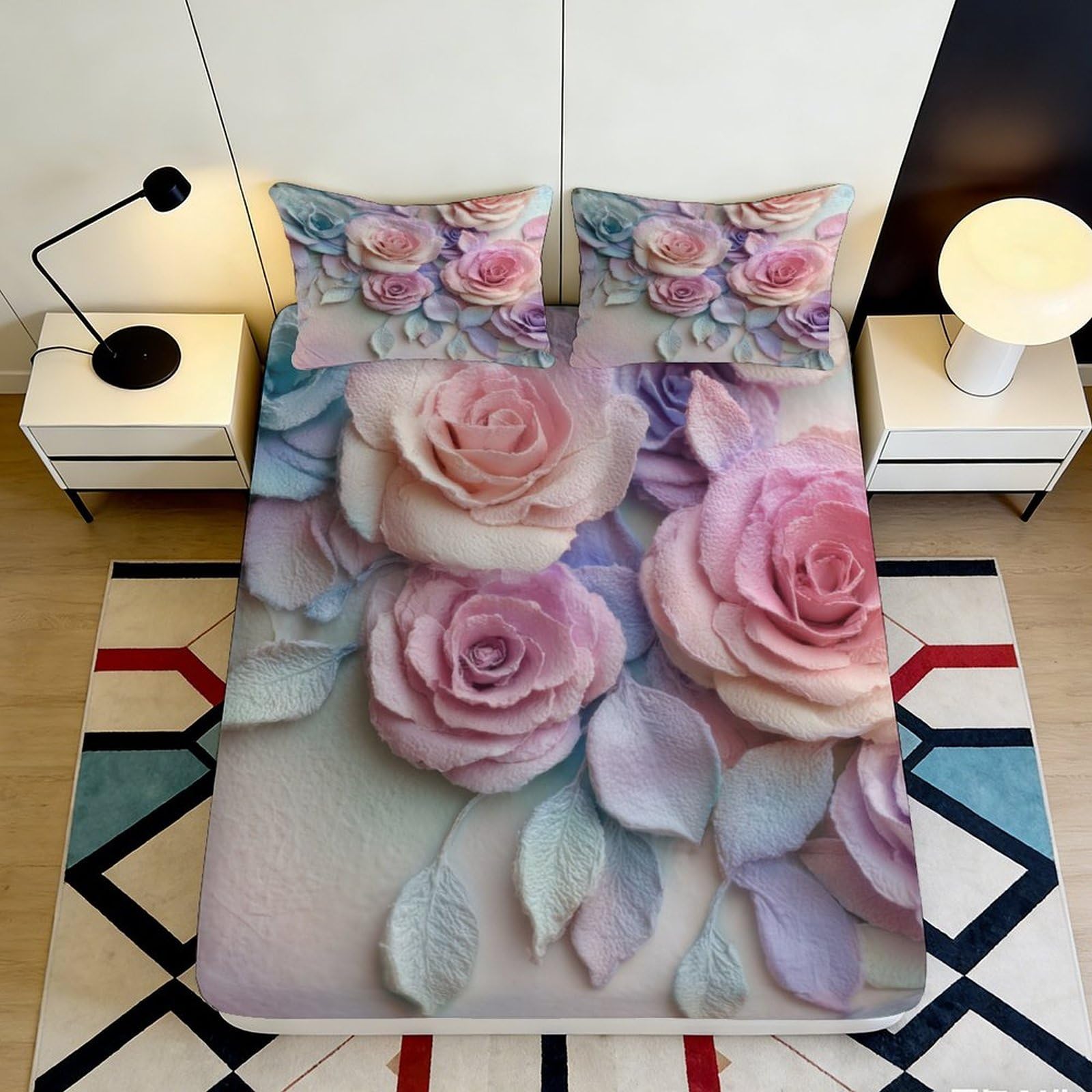 Qjzxknhpgr Style-1 3D Printed Pink Rose Fitted Sheet Microfiber Soft Floral Bedroom Decor Purple Peony Mattress Cover Dustproof Washable 90X200x25cm