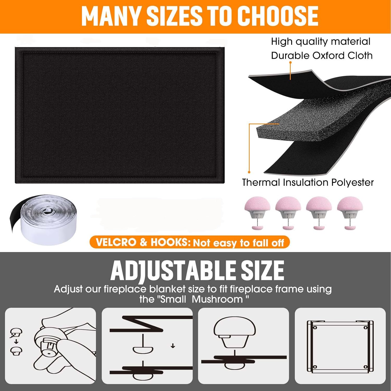 Fireplace Draft Cover, Fireplace Blocker Blanket Stops Heat Loss, Adjustable Fire Place Draft Stopper with Hook and Loop Tapes Black 39" W x 32" H