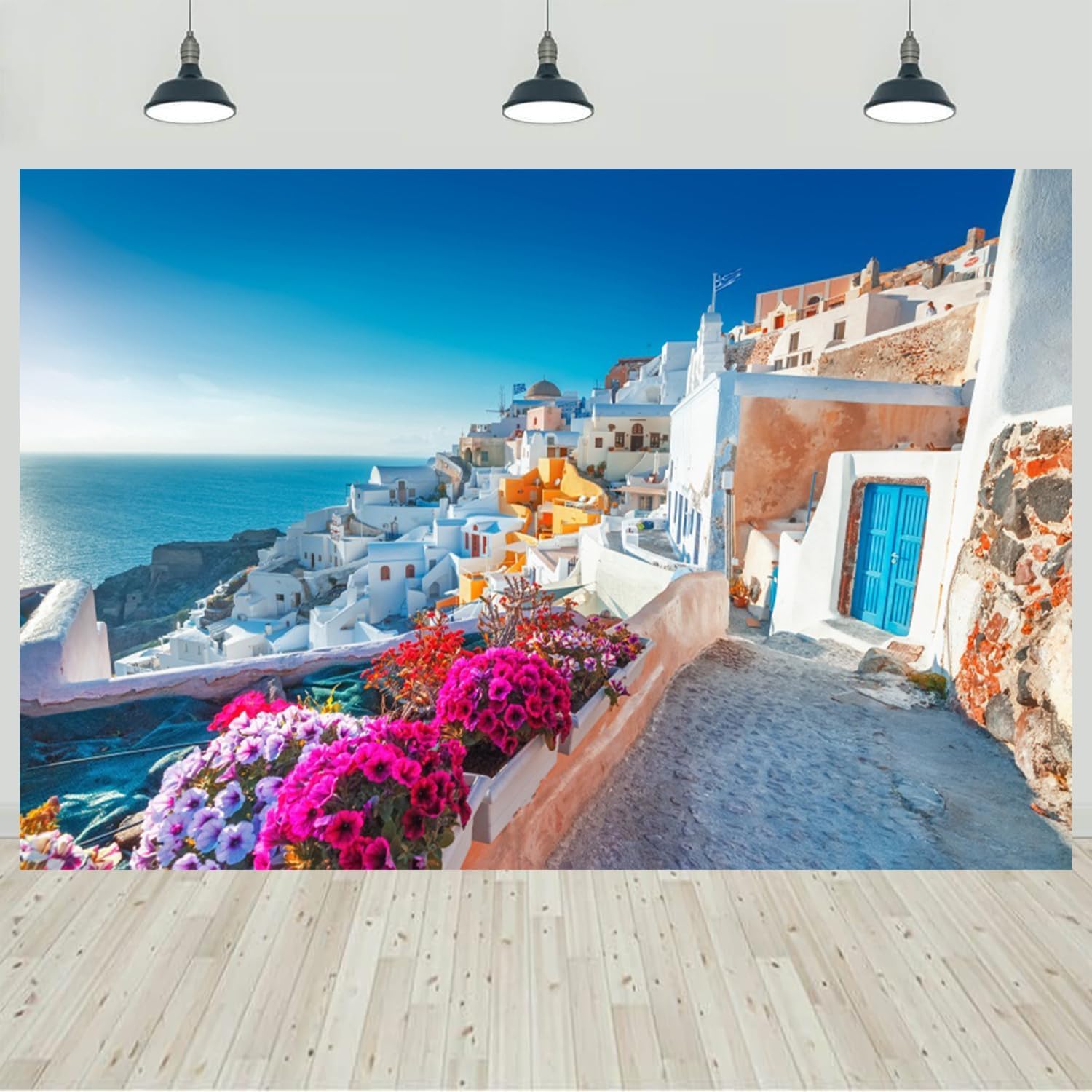 8x6ft Greece Santorini Island Backdrop Blooming Flowers Romantic Aegean Sea Scenery White Architecture Photography Background Wedding Birthday Party