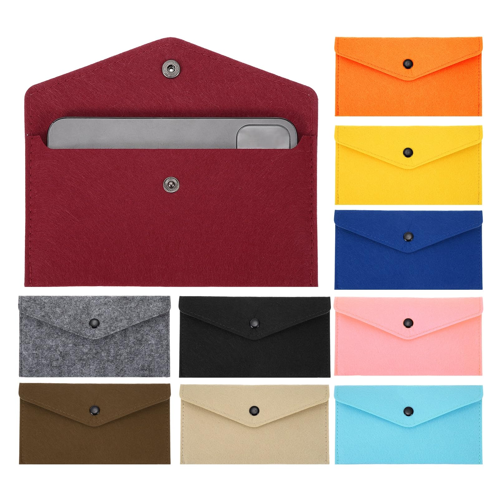 PATIKIL 10Pcs Felt Money Bag, Felt Cellphone Sleeve Case Pouch Cash Bag Button Closure Cash Envelope Wallet Storage Pouch for Card Pen Sunglasses, 10 Colors — image 1
