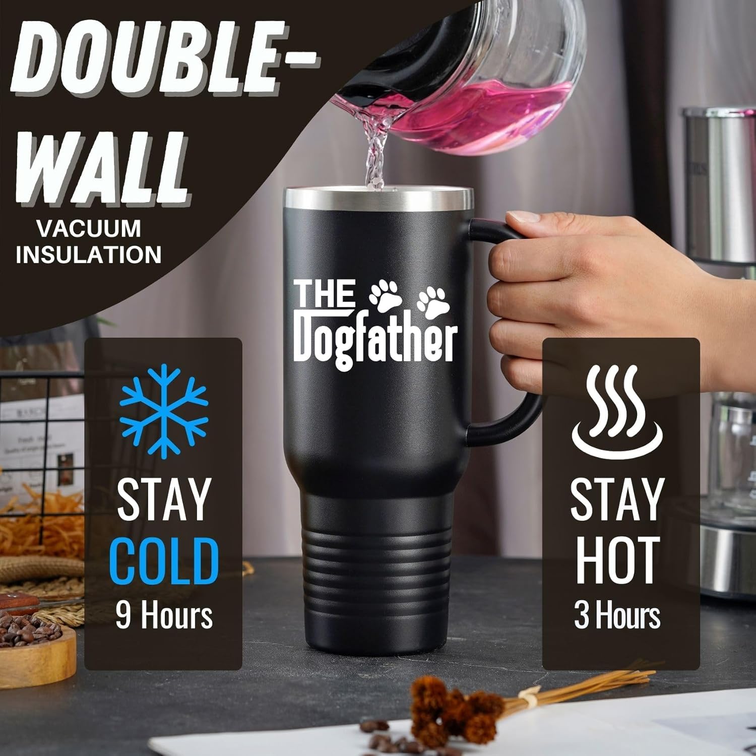 Onebttl Dog Dad Gifts for Men, The Dogfather, 40oz Stainless Steel Travel Mug Tumbler with Handle, Lid and Straw for Dog Dad, Dog Lover, Owner, Black - Image 5