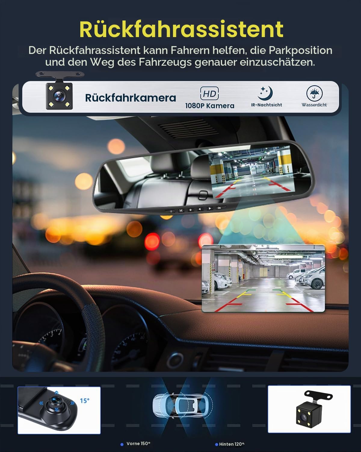 NHOPEEW 1080P Spiegel-Dashcam mit 4,5-Zoll-Bildschirm – Front- und Rückfahrkameras unterstützen Loop-Aufzeichnung, Rückfahrlinien-Belichtungssteuerung, Nachtsicht-Dashcam, Plug-and-Play