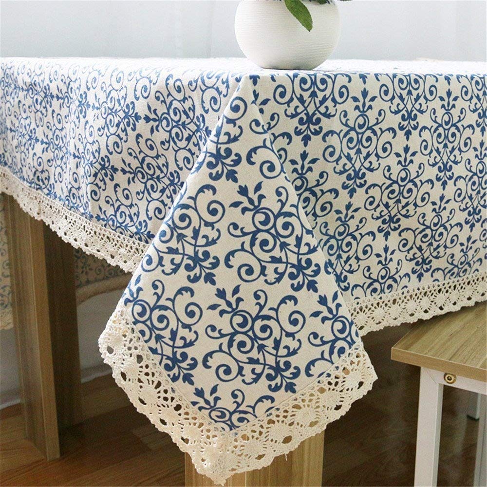 Classic Linen Cotton Blue Flower Printed Tablecloth Dustproof Rectangular Table Cloth Wedding Party Hotel Table Cover,Assorted Size