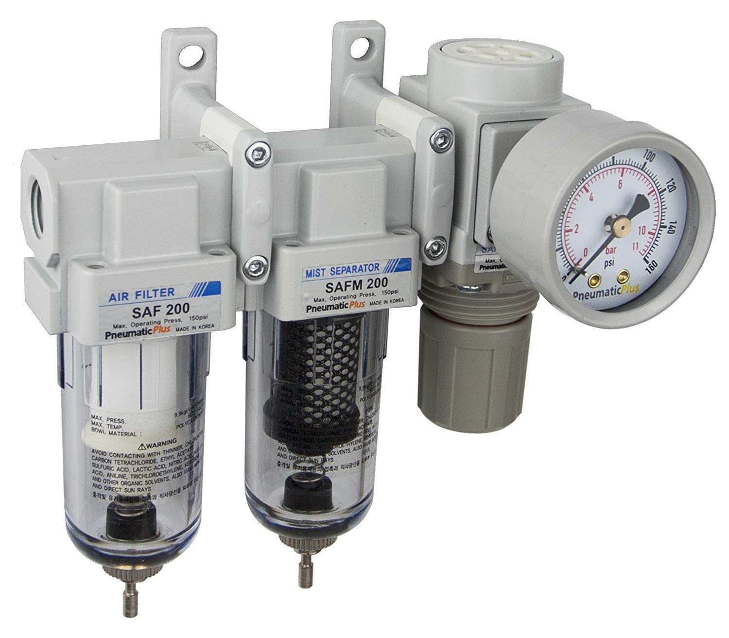 PneumaticPlus SAU230-N02G - Sistema di essiccazione dell'aria a tre fasi, 6,35 mm NPT, filtro dell'aria antiparticolato, filtro a coalescenza, combinazione di regolatore di pressione dell'aria, scocca