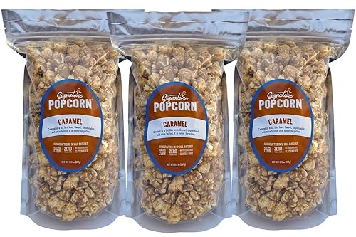 Signature Popcorn Paquete de 3 bolsas grandes resellables caramelo bocadillo gourmet de palomitas de maíz sin gluten