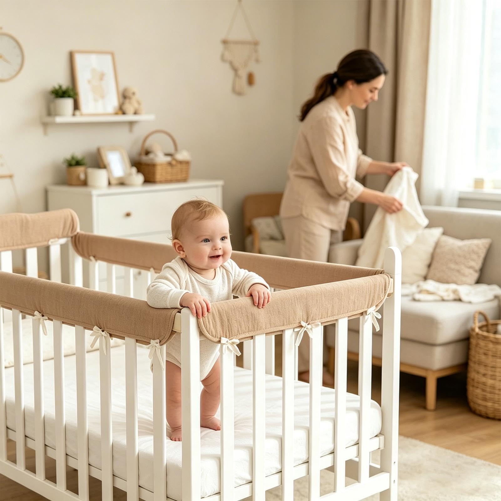 Protezione dentizione per lettino, in garza di cotone, traspirante, 2 pezzi, regolabile | Paracolpi per lettino per bambini, per soggiorno, cameretta dei bambini, stagioni calde, griglia di protezione per il letto