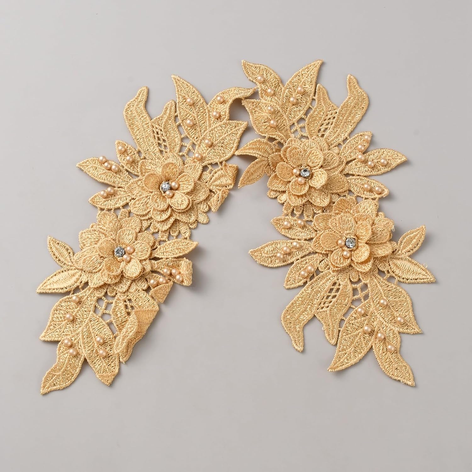 GORGECRAFT 1 Pair 3D Flower Sew on Patches Rhinestones Embroidered Bead Lace Patches Moccasin Pearl Neckline Lace Trim for DIY Crafts Clothes Wedding Sewing Bags Collar Decorations