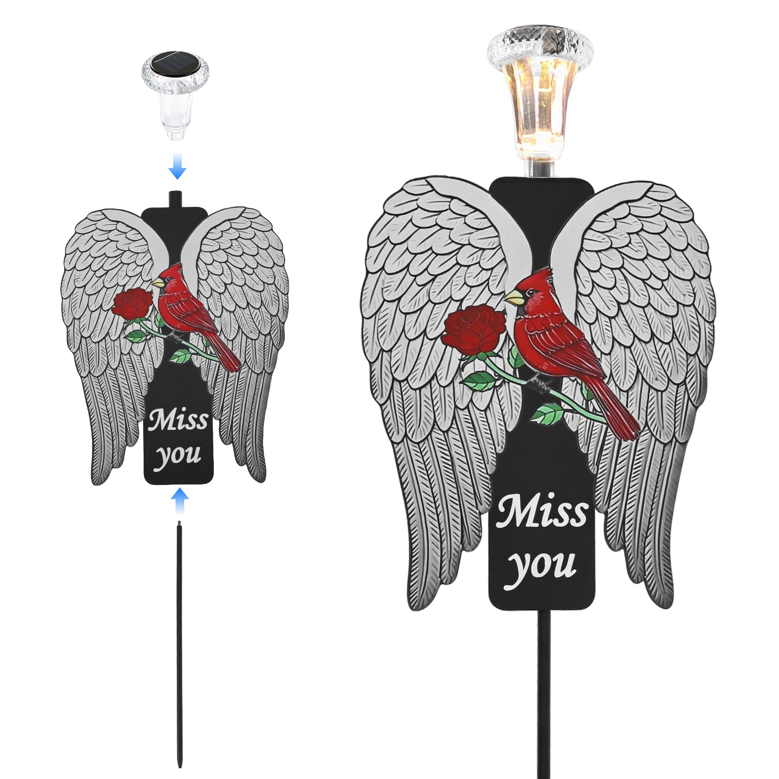 YUEKUNTJ Solar Memorial Stake for Grave, Angel Wing Cemetery Ground Stake, Metal Cemetery Decoration, Memorial Garden Grave Decoration with LED Light Sympathy Present for Graves Marker