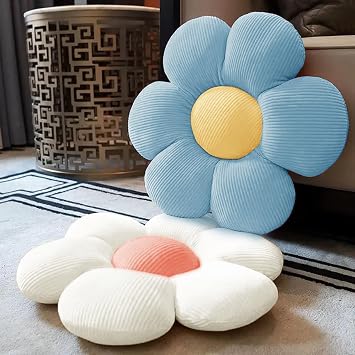 Flower Pillow, 2 Pcs Daisy Cushion, 38x38cm Flower Floor Cushion Pillow, Daisy Window Seat Throw Pillow, Cushions for Room Decor, Daisy Seat Pads for Car Home Sofa Chair and Floor(White, Blue)