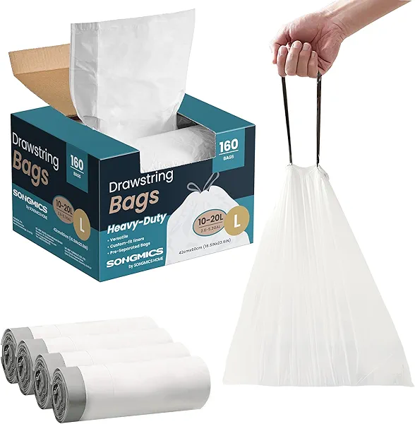 SONGMICS Trash Bags for 5.3 Gallon (20 L) Trash Cans, Drawstring Kitchen Garbage Bags, Pre-Separated, Quick-Dispense Box, Liner Code L, 4 Rolls, 160 Count, White UKRB021A04 40 Count (Pack of