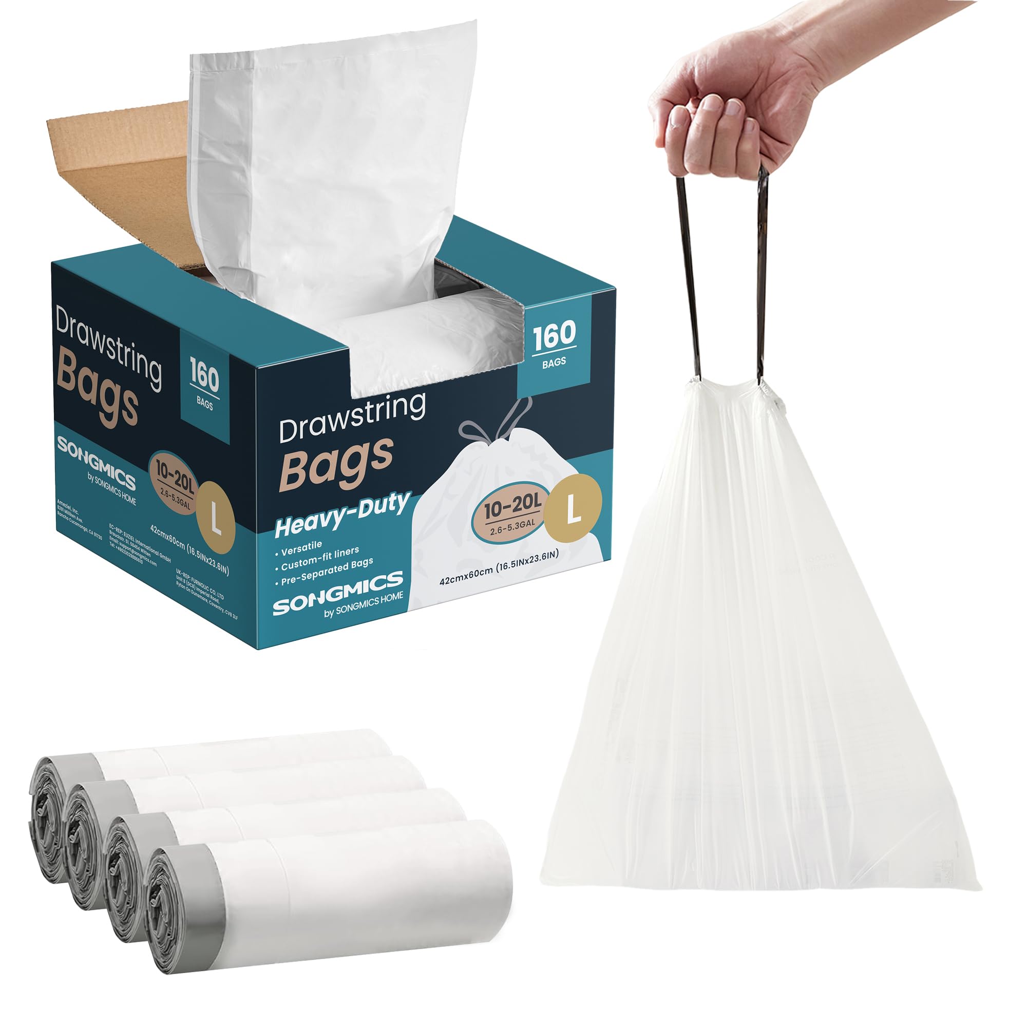 SONGMICS 5.3 Gal Trash Bags - Drawstring, 160 Count