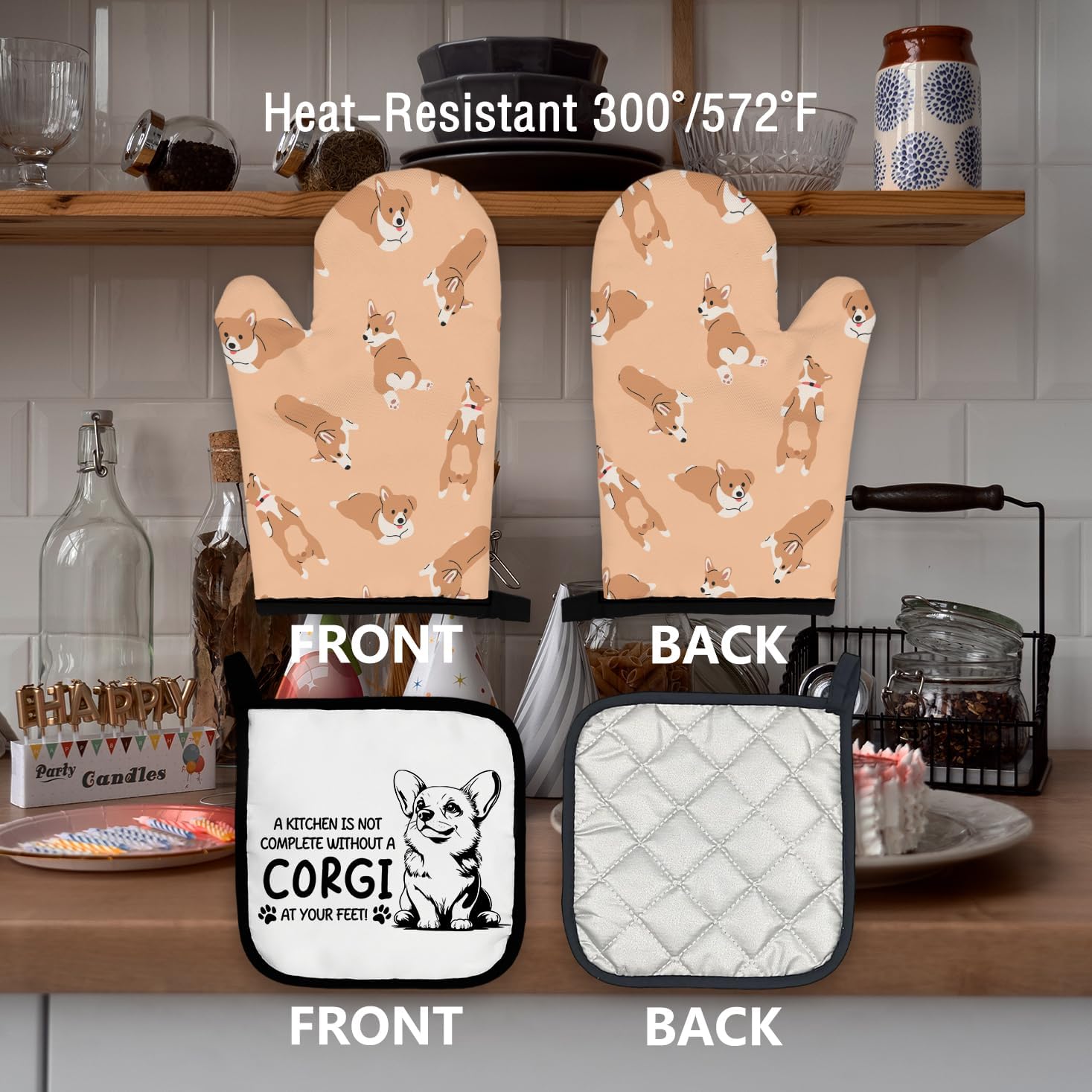 Corgi Dog Oven Mitts and Pot Holders Set - Corgi Gifts for Kitchen Decor