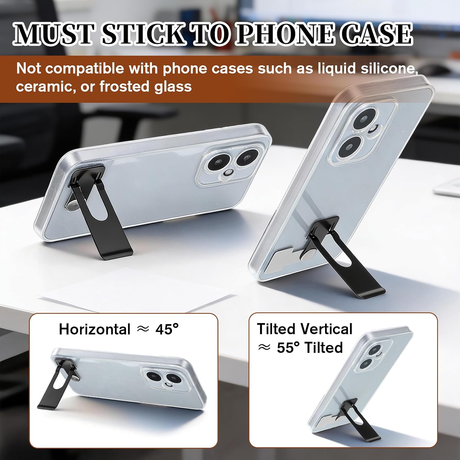ElevateTech Phone Slim Kickstand, 2 Pcs Ultra Thin Phone Kickstand Vertical and Horizontal Stand Adjustable 360° Rotating Universal Steel Metal Stable Stand Sticky Holder for Cellphone Case, Black