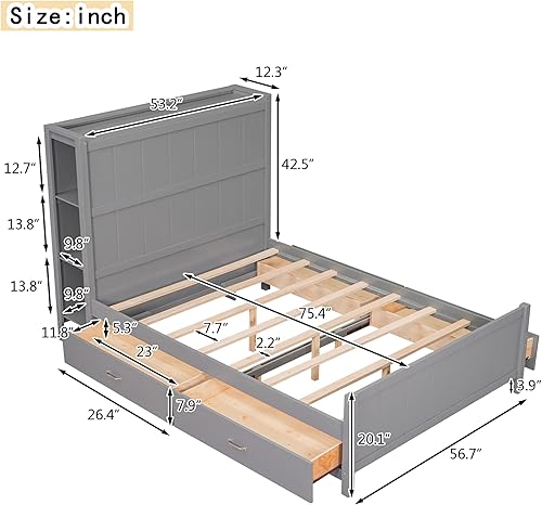 Miniatura 54 de Cama de plataforma de tamaño Queen con cabecero y cajones, marco de cama de plataforma de madera maciza con estantes, puertos USB y enchufes, marco