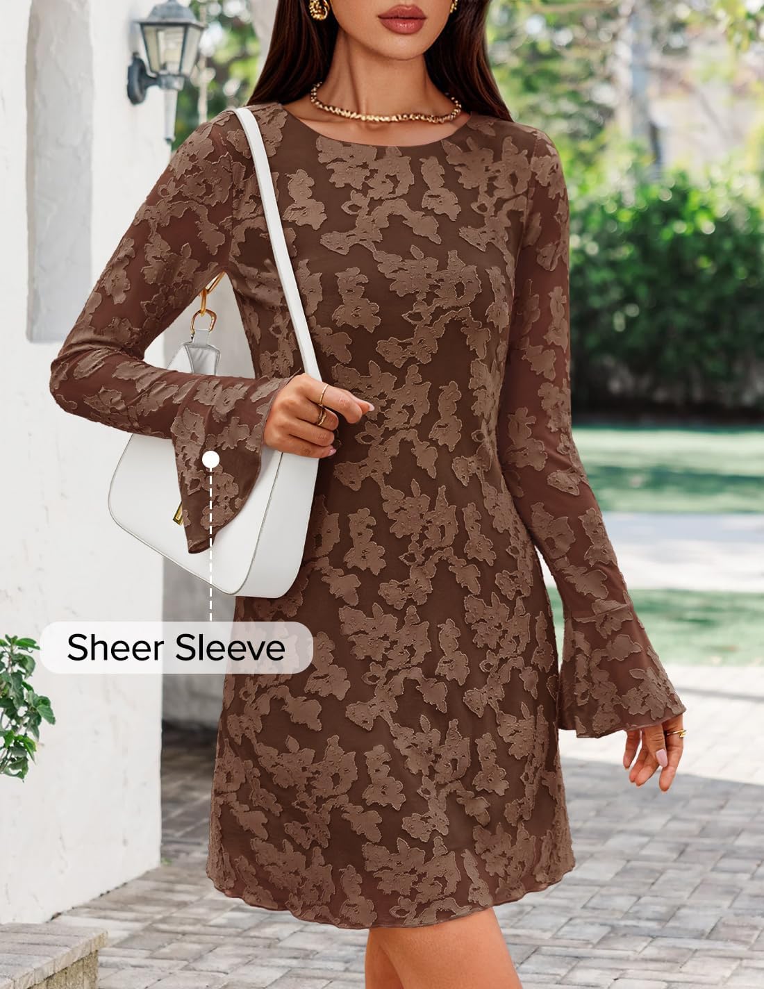 ZESICA Long Sleeve Mini Dresses for Women Spring Mesh Floral Crewneck Bodycon Wedding Guests Cocktail Party Short Dress - Image 2