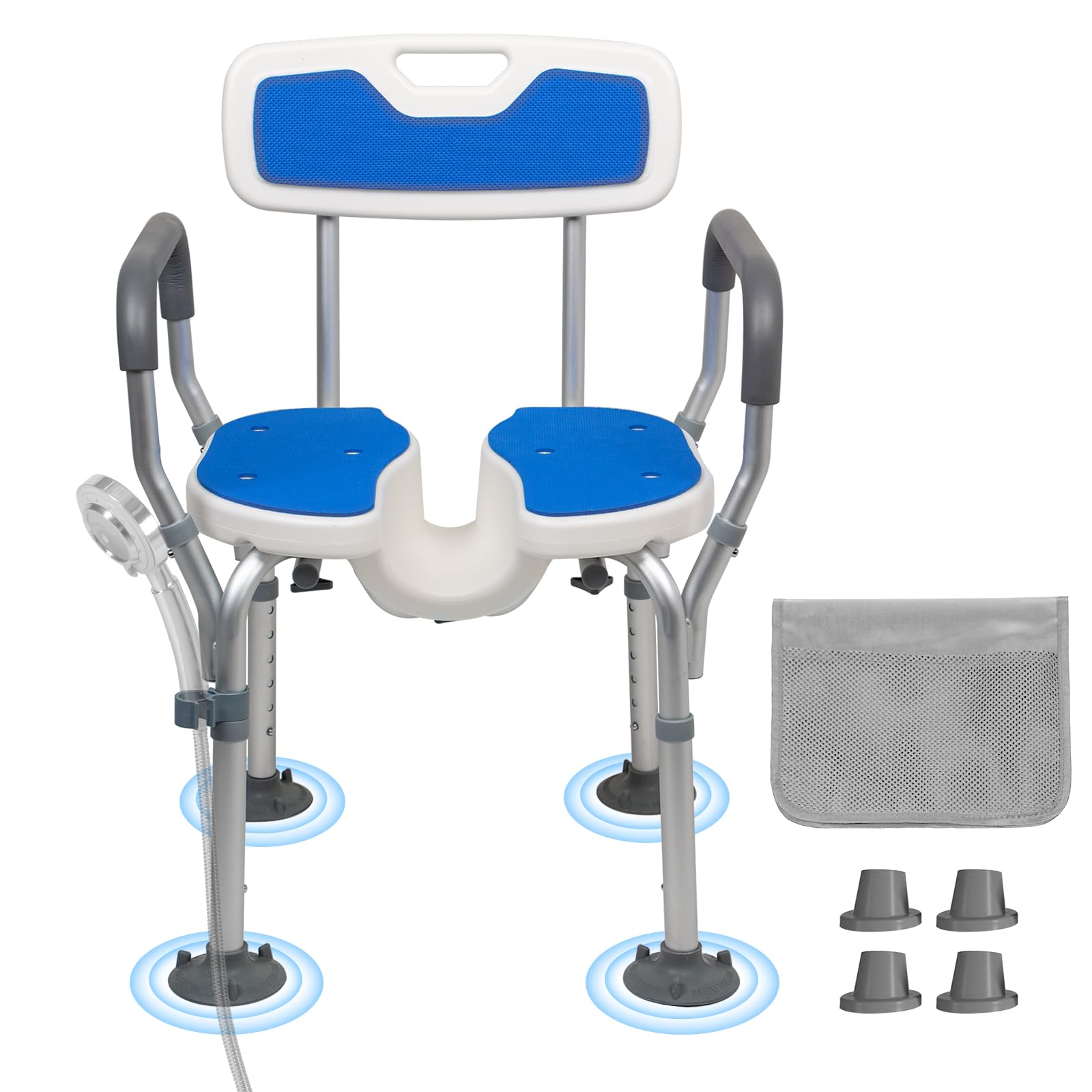 Silla de ducha ergonómica en forma de U con respaldo y reposabrazos, 180 kg, incluye ventosa, 6 niveles de altura, taburete de ducha para lavar el hogar