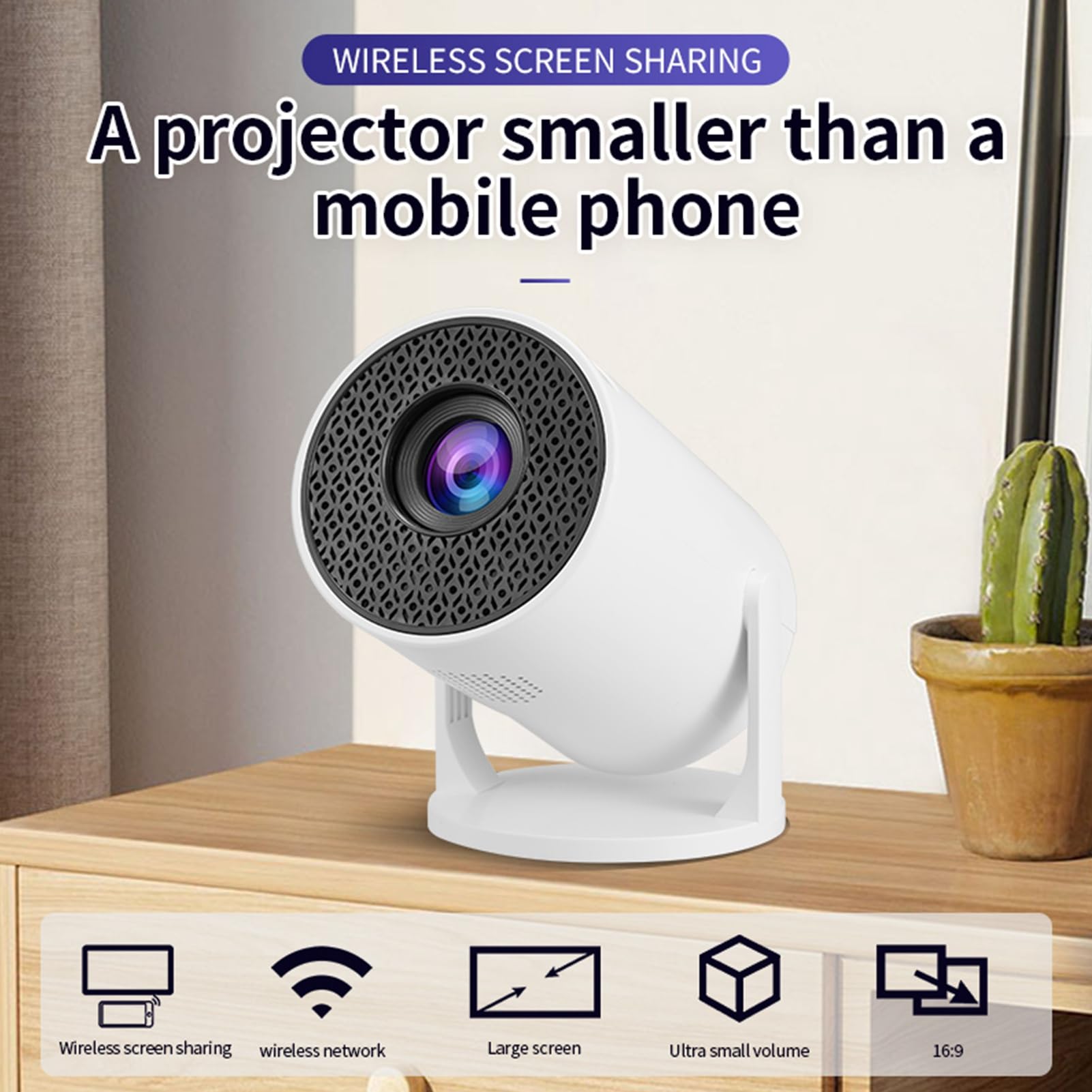 Mini Proiettore per Telefono 1080P con WiFi e Bluetooth, Regolabile a 270°, Correzione Trapezoidale Orizzontale Automatica, Videoproiettori per Telefono