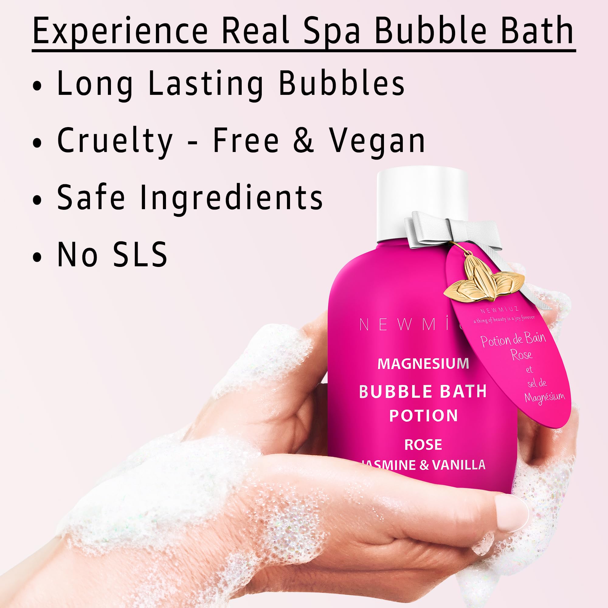 Magnesium Bubble Bath Rose Jasmine Vanilla Long Lasting Foam for Sore Muscles Epsom Salt Moisturizing Relaxing Stress Relief Spa Gift for Women