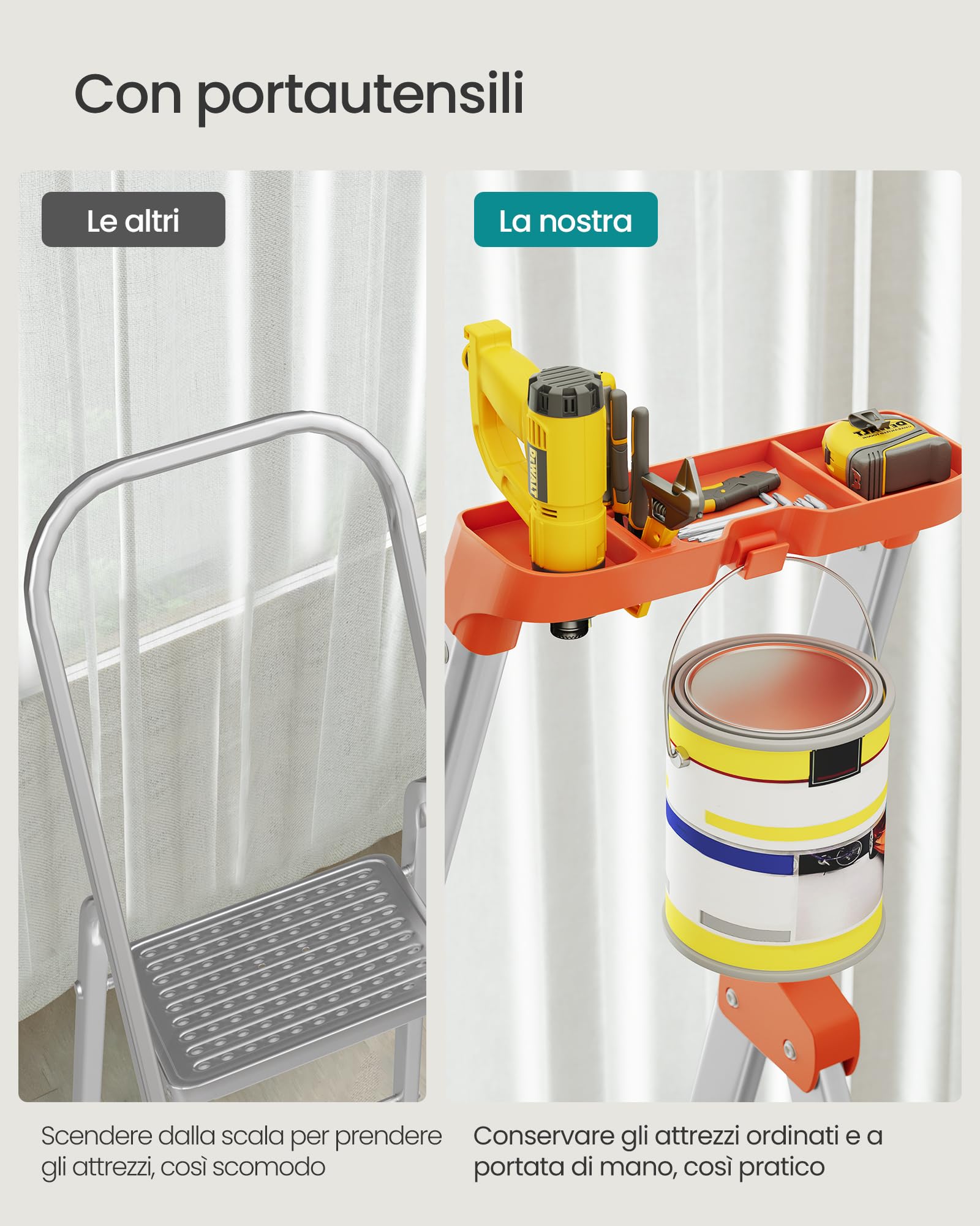 SONGMICS Scaletta a 6 Gradini, Scala Pieghevole in Lega di Alluminio, Gradini Larghi 12 cm, con Portautensili e Piedini Antiscivolo, Max. Portata Statica 150 kg, Nero e Arancione GLT06BK