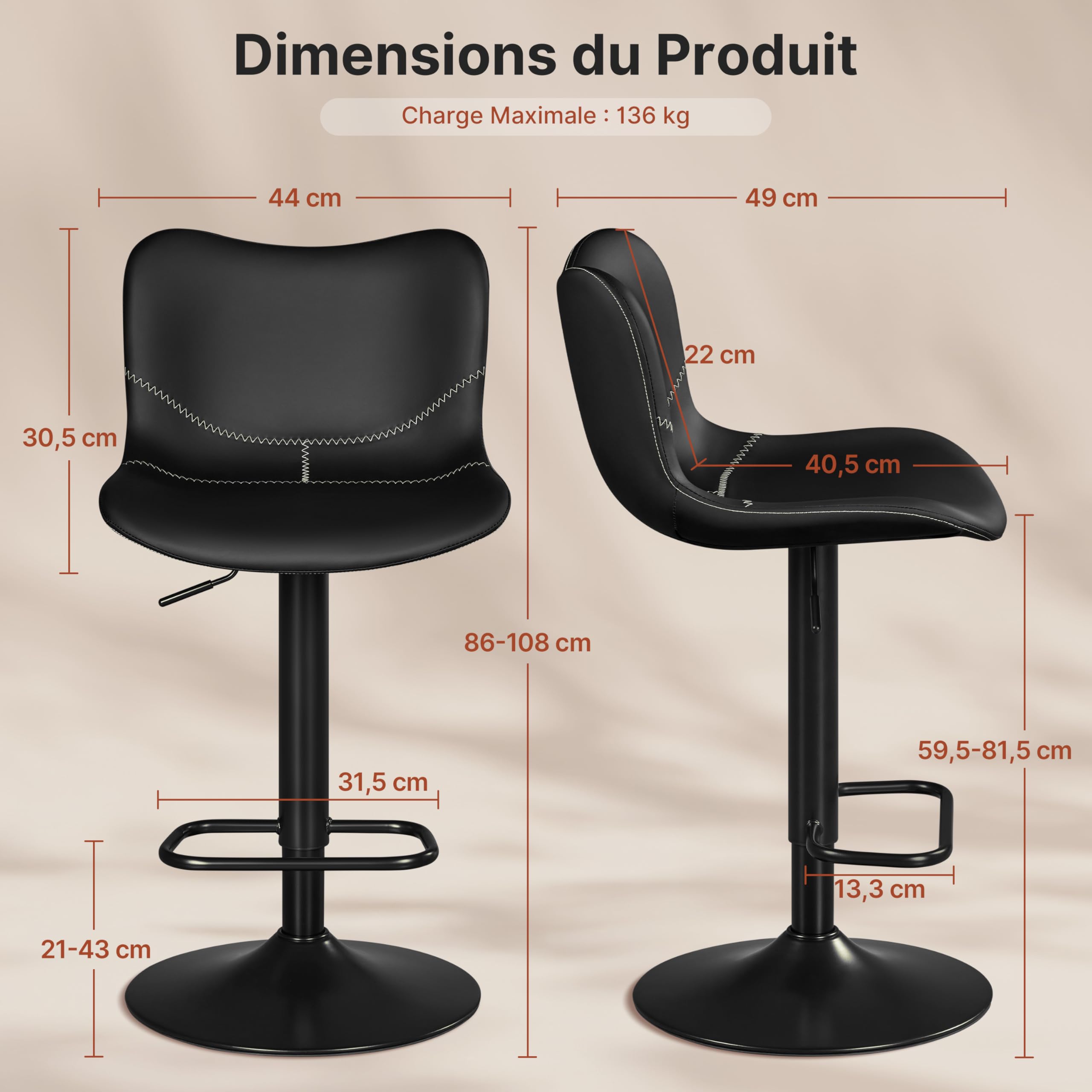 Yaheetech Tabourets de Bar Lot de 2 Réglable Hauteur - Noir | Hauteur Réglable 89-111cm avec Dossier | Charge Max 136kg, Base Métal Stable | Similicuir Hydrofuge | Cuisine, Bar, Salon