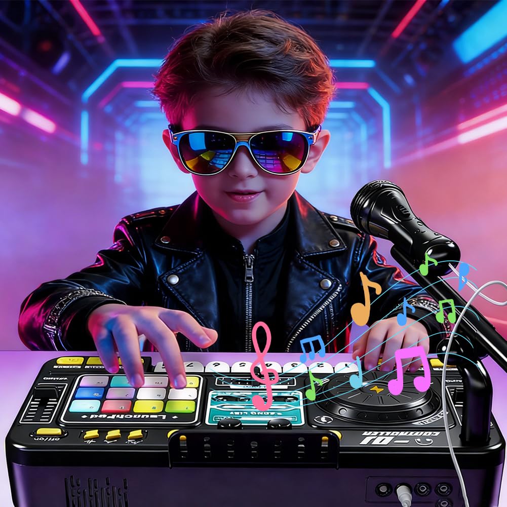 DJ mixer bambini 3-10 anni, controller DJ con microfono e luci LED, 100+ effetti sonori, tastiera piano, batteria, giocattolo regalo per principianti DJ ragazzi ragazze