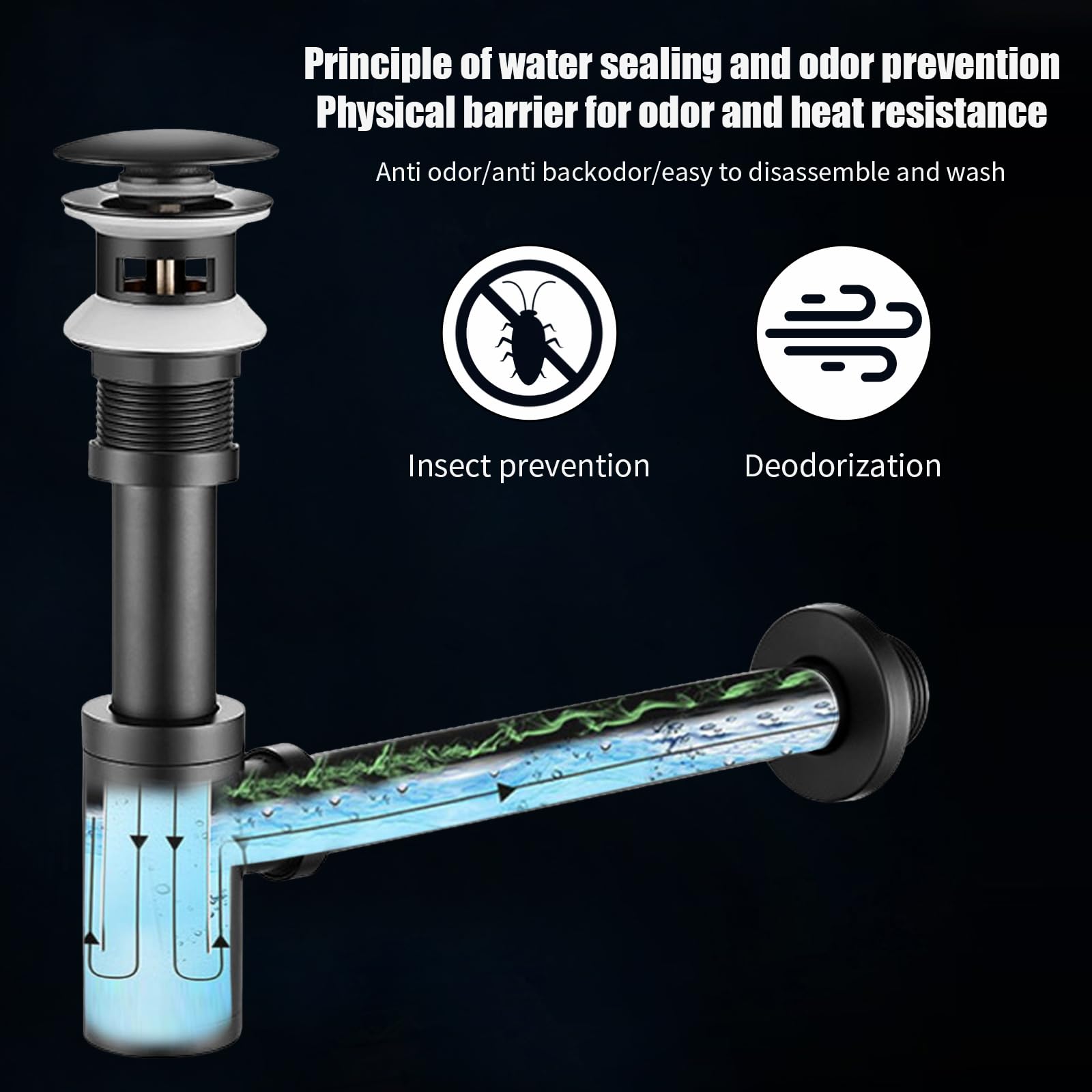 Design Siphon Waschbecken mit Ablaufgarnitur mit Überlauf, Universal Röhrensiphon Abflussrohr und Ablaufventil Pop Up, Messing Syphon Sifon Pop Up Abflussgarnitur Abfluss Waschtisch Bad Schwarz (C)