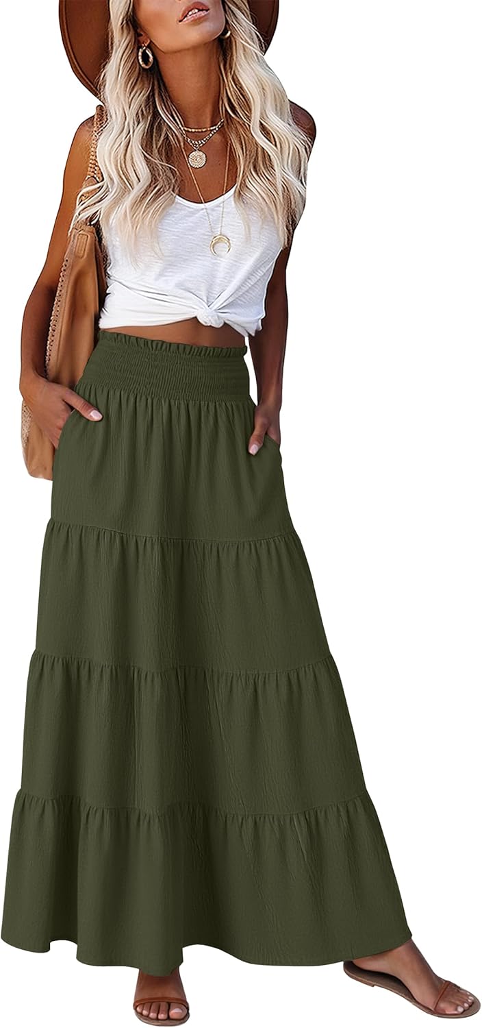 ANRABESS Womens Maxi Skirt Summer Boho Long Flowy Elastic High Waist A-Line Tiered Skirts 2026 Casual Beach Vacation Clothes
