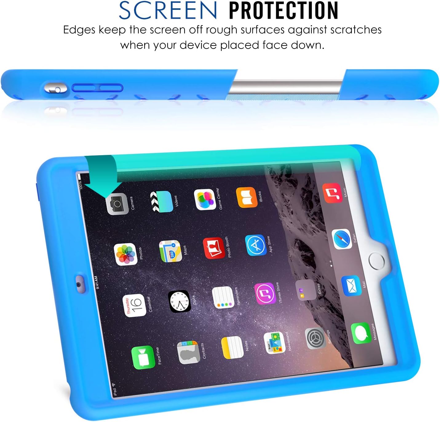 MoKo Case Fit iPad Mini 3/2/1- Light Weight Shock Proof Soft Silicone Back Cover [Kids Friendly] Fit iPad Mini 1 (2012), iPad Mini 2 (2013), iPad Mini 3 (2014), Blue