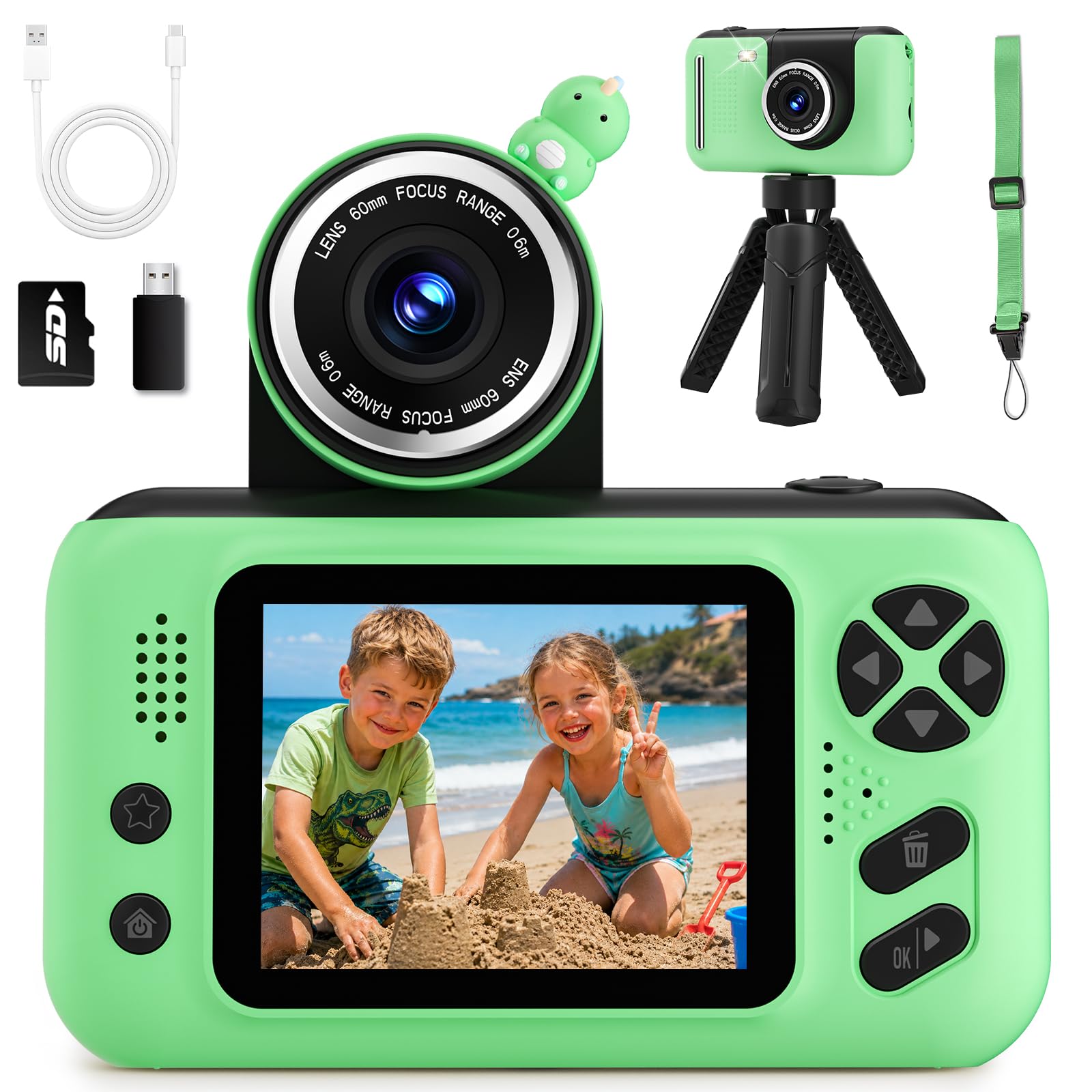 Makolle Kids Camera, Birthday Gifts for Boys and Girls Age 3-8,Video Recorder for Kids 8-12,Childrens Digital Camcorder for vlogging Portable Kids Selfie Camera with SD Card Green