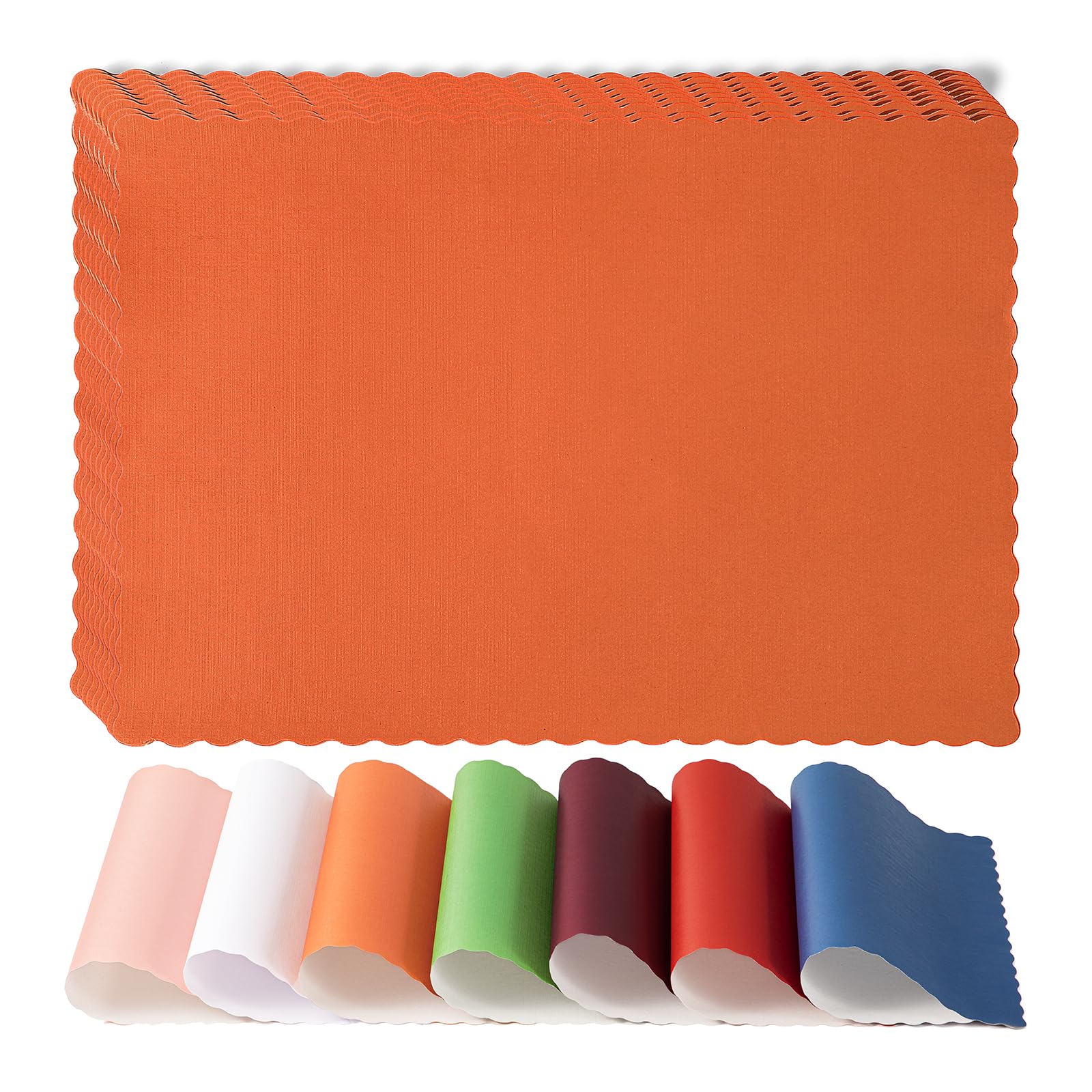 Fit Meal Prep Orange 50 Pack Disposable Paper Placemats, 14 X 10 Inch With Decorative Wavy Scalloped Edge For Restaurant Catering Dining Table, Baby Kids Birthday Parties