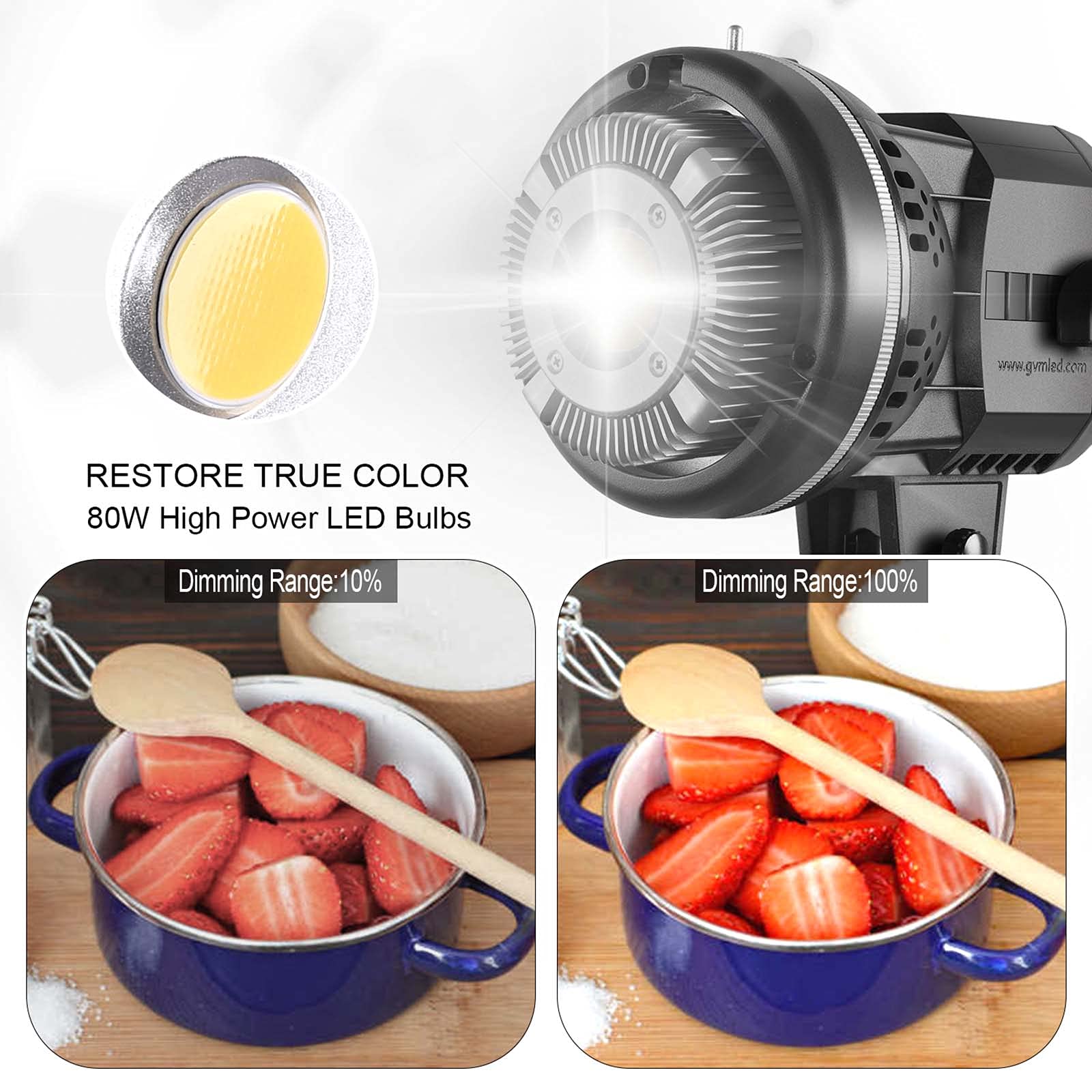 GVM - Luz LED de vídeo (80 W, luz diurna, 5600 K, luz continua, para fotografía, estudio, YouTube, vídeo, streaming de vídeo, 11500 Lux/0,5 m), lámpara de vídeo, luz de estudio