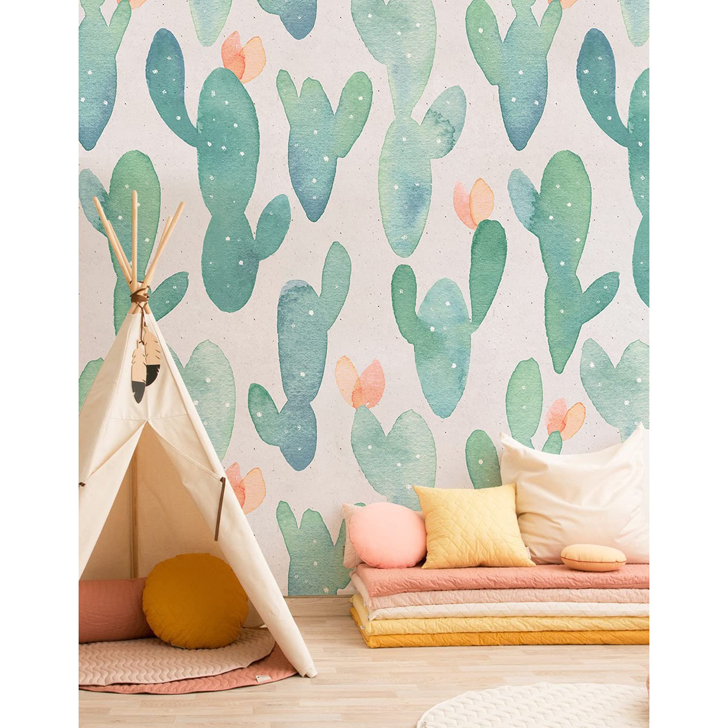 Papier peint mural 250x250cm pour illuminer le salon avec un motif cactus pastel Coloray