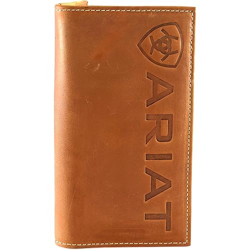 ARIAT Men's Rodeo Style Wallet, Genuine Leather with Debossed Logo, Multiple Card Slots, ID Window, Medium Brown