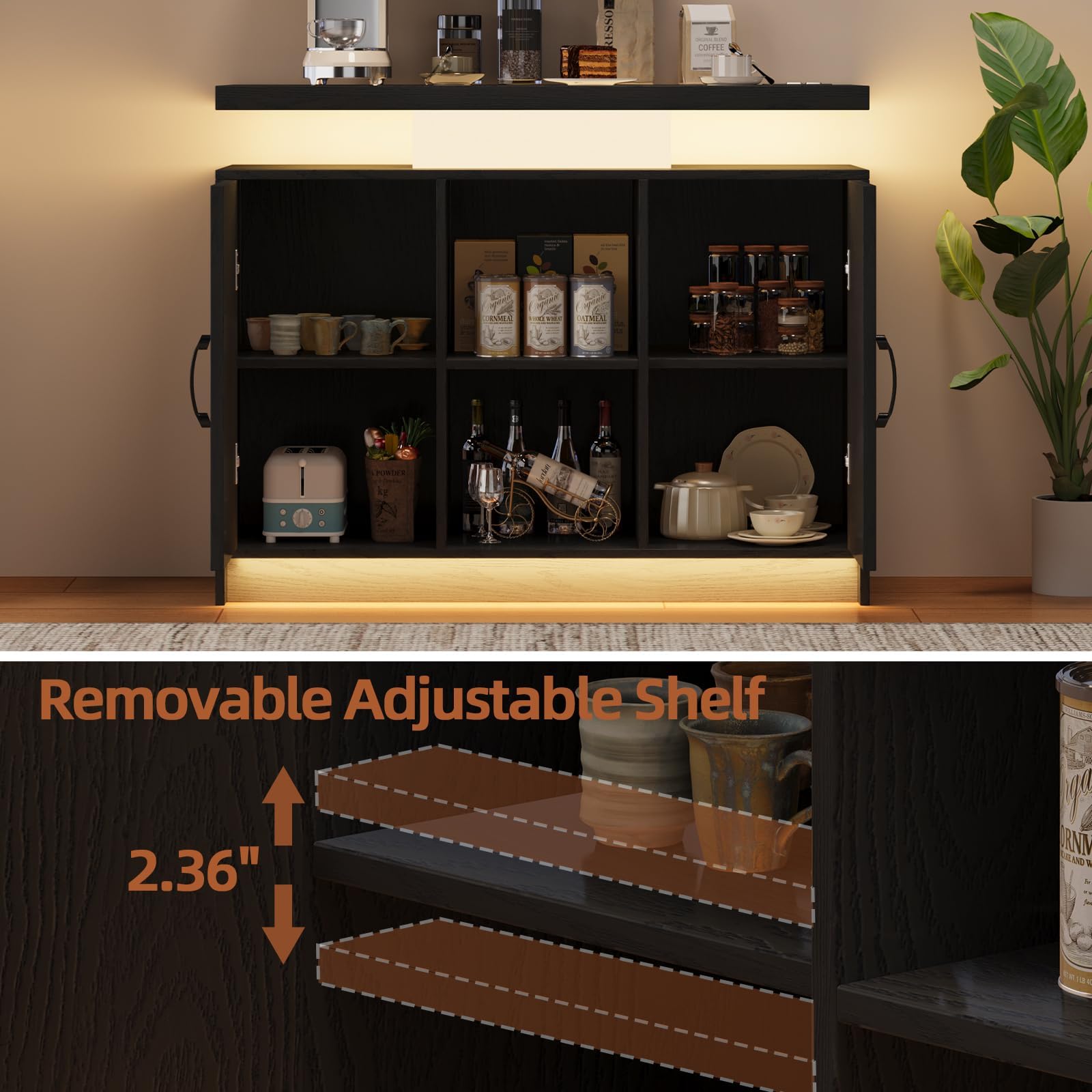 4 EVER WINNER Gabinete de buffet con luces LED con almacenamiento, aparador con estación de carga, armario para cafetería, almacenamiento de gabinete Credenza, color negro