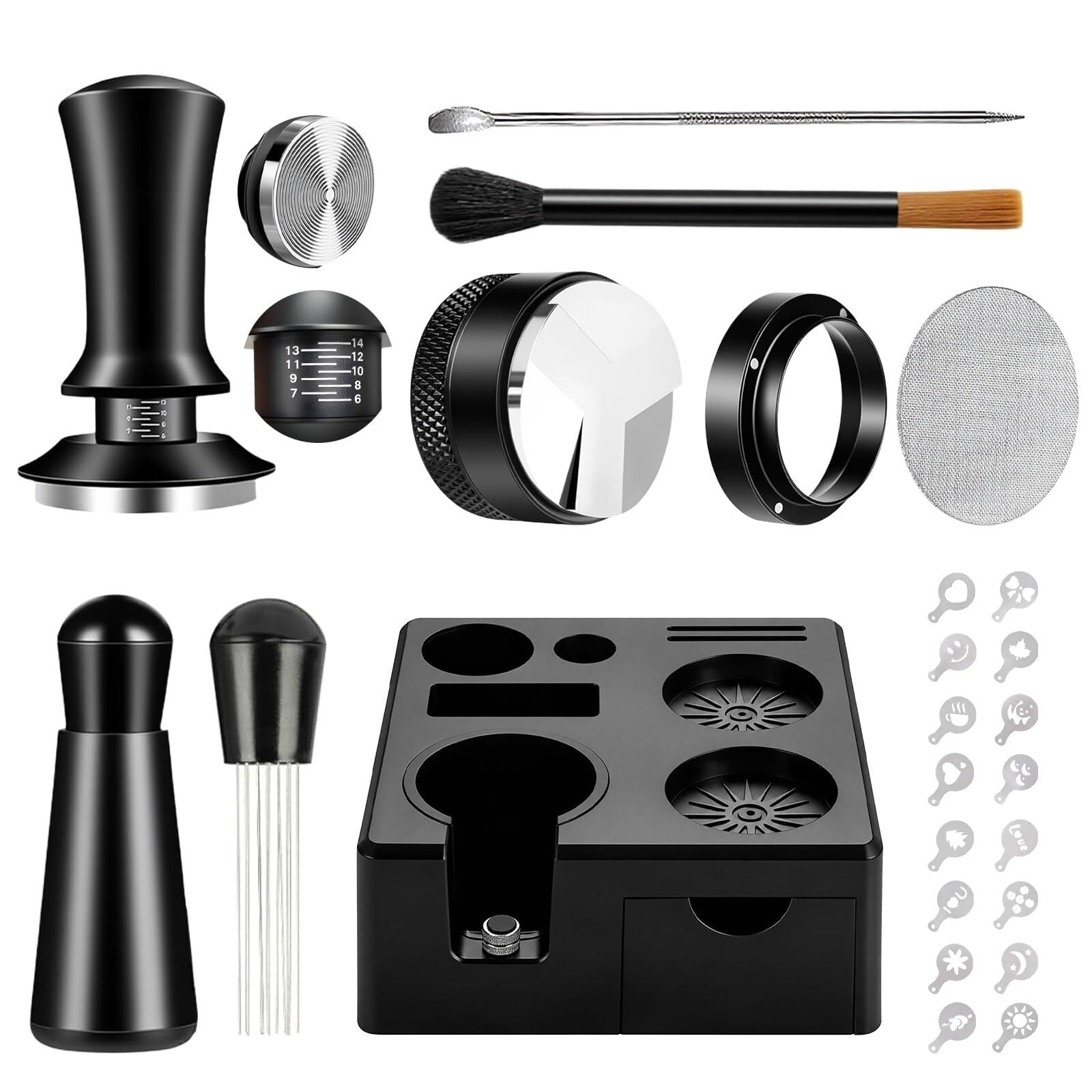 Kit de 9 accesorios para café WDT con estación de apisonamiento cuadrada para manipulación, distribuidor, embudo dosificador, cepillo, pantalla de disco, bolígrafo y plantillas (53 mm)
