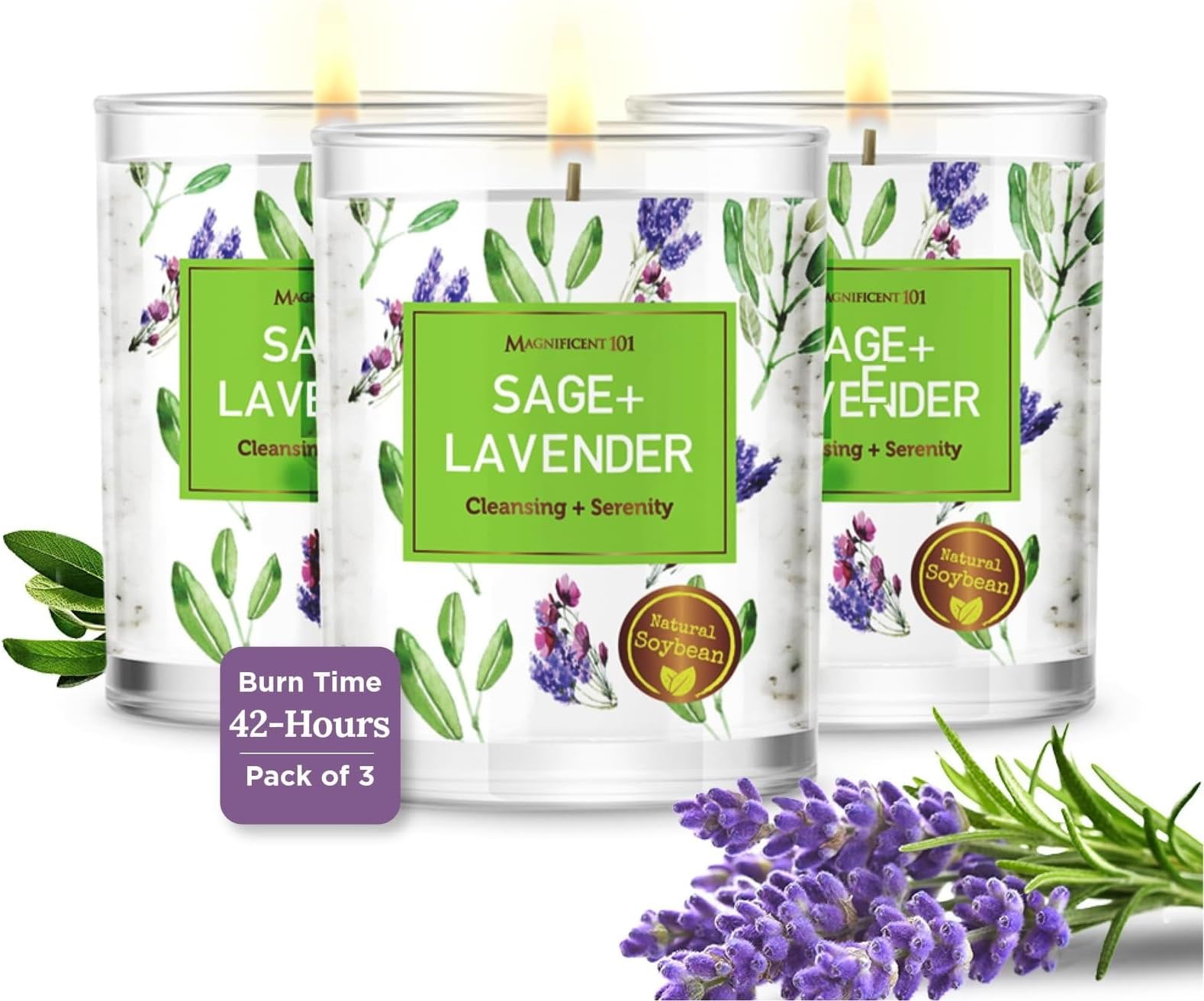 Magnificent 101 Set Of 3 Long Lasting Pure Sage & Lavender Candles - 3.5 Oz Each - 42 Hour Burn Time | All Natural, Organic, Petroleum & Paraffin Free Natural Soy Wax Candles For Home Energy Cleansing