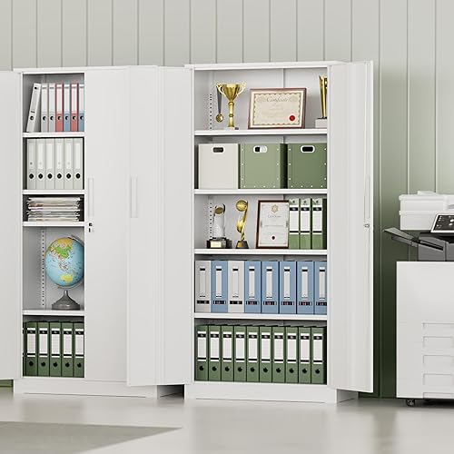 Vista 191 de INTERGREAT Armario de almacenamiento de metal, armarios de acero con cerradura de 72 pulgadas de alto con puertas de bloqueo, armario de Gris blanco