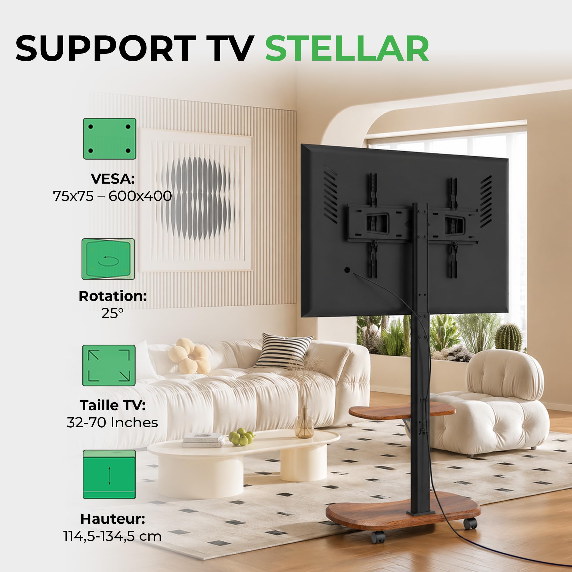 Stellar Support TV Roulant avec Etagère en Bois - Meuble Tele, Chariot Meuble TV à Hauteur Ajustable avec roulettes pour TV 32-70" Jusqu'à 45 kg - Support de TV Universel Max VESA 600x400mm