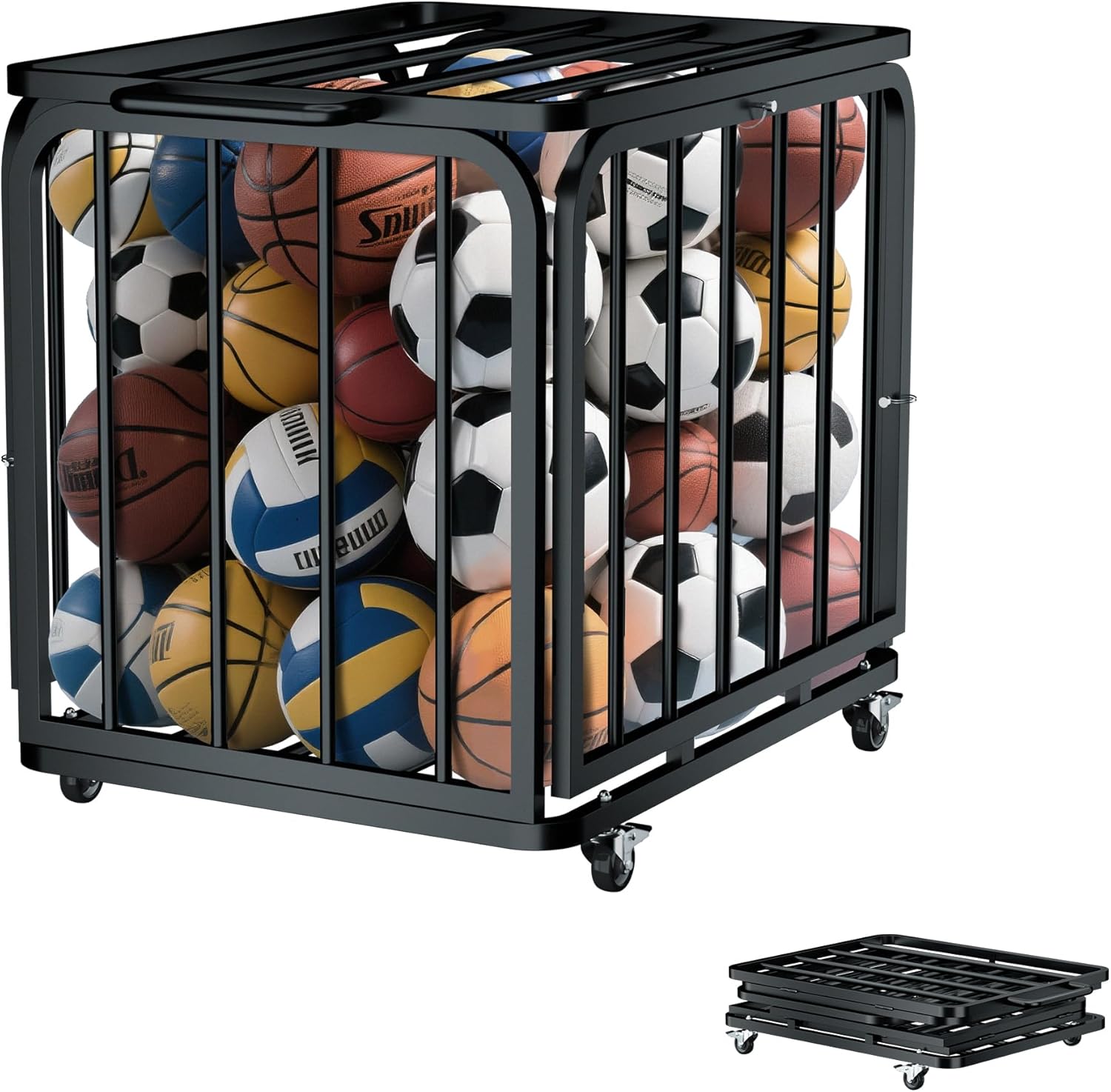 MR Foldable Ball Cart with Wheels, Heavy-Duty Ball Cage Garage Sports Equipment Organizer, Collapsible Metal Rolling Multi Sports Ball Storage for Gym, Lockable Lid, Indoor and Outdoor