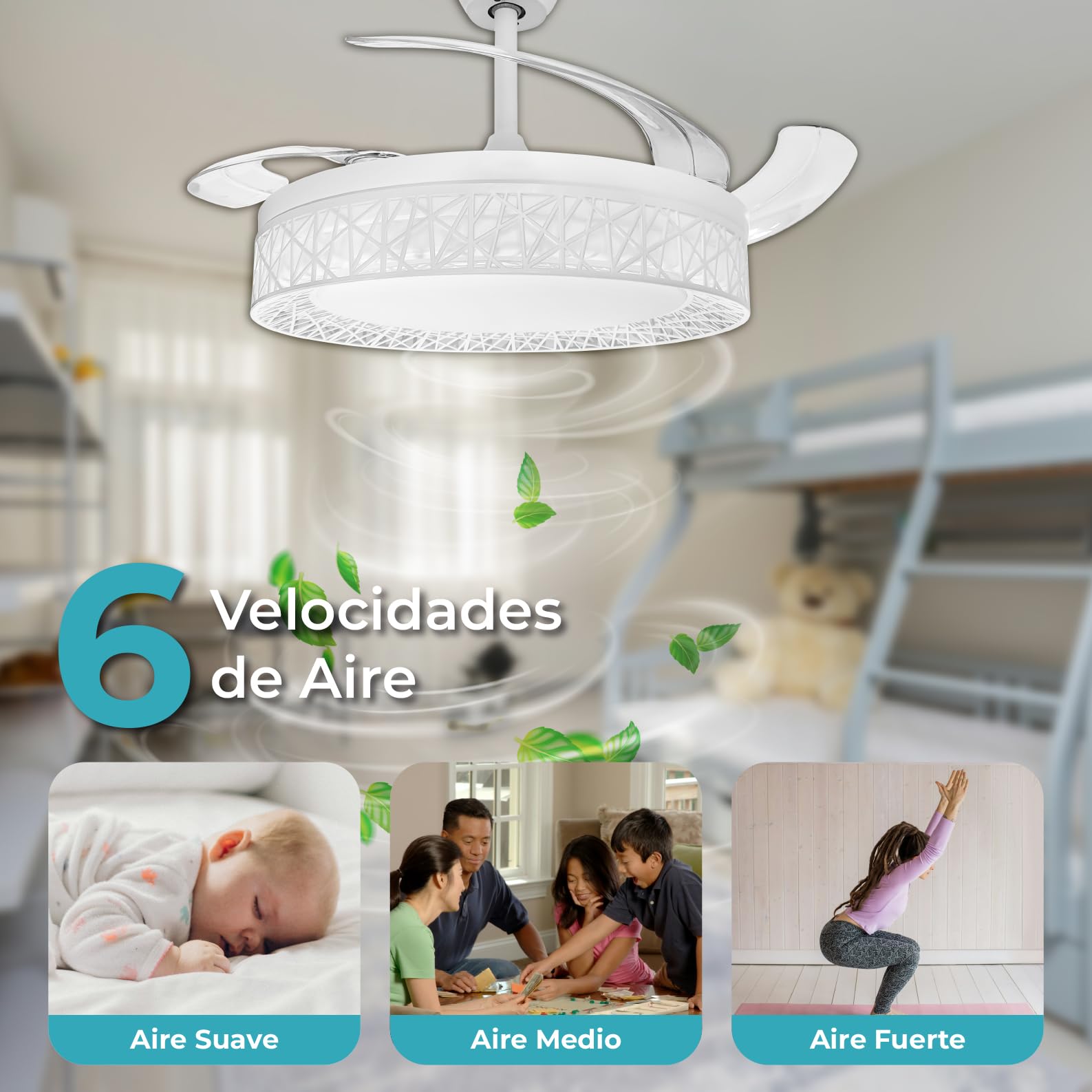 LED ATOMANT Ventilador de Techo con Luz LED 40W, Motor DC 32W, Ø 109cm, CCT, Regulable, 4100LM, 4 Aspas Retractiles, 6 Velocidades Silencioso y Bajo Consumo, Modo Verano Invierno, Con Mando