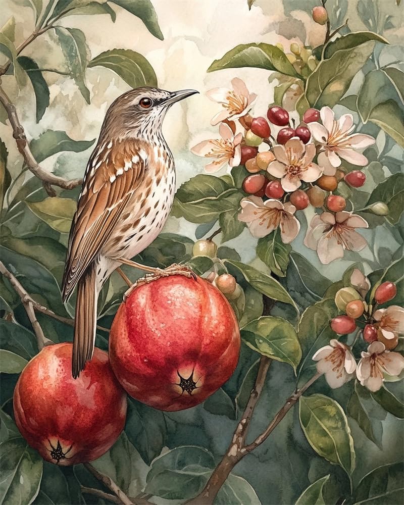 Henypt Crafts Stamped Cross Stitch Kits Preprinted Pattern Counted Embroidery Thrush On A Pomegranate Tree with Starter Kits for Beginner and Adults Stamped 11Ct Adult Craft Kits