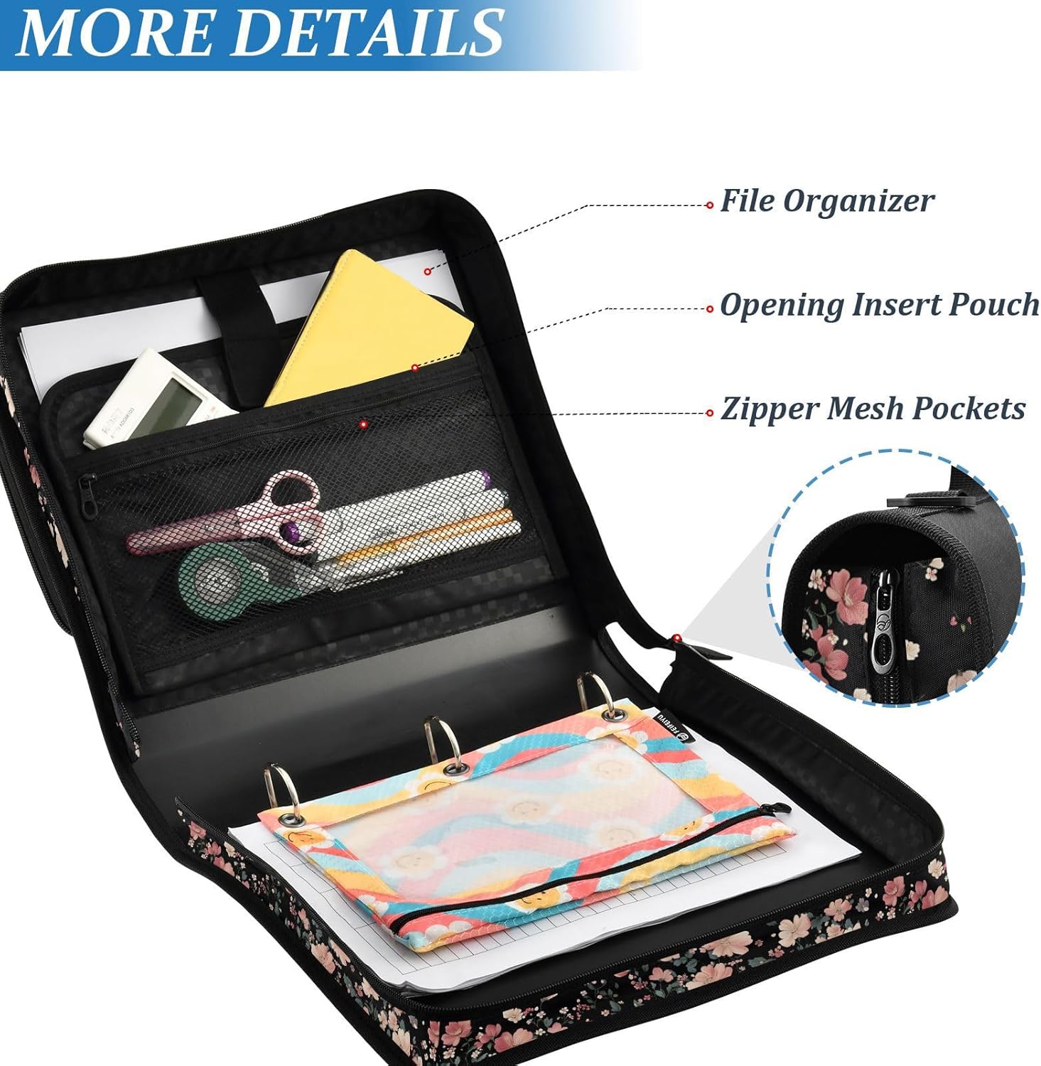 3 Ring Zipper Binder Retro Pink Floral Binders Bag with Shoulder Strap 500 Sheets Paper Organizer Trapper Keeper Documents Storage File Folder for School Office