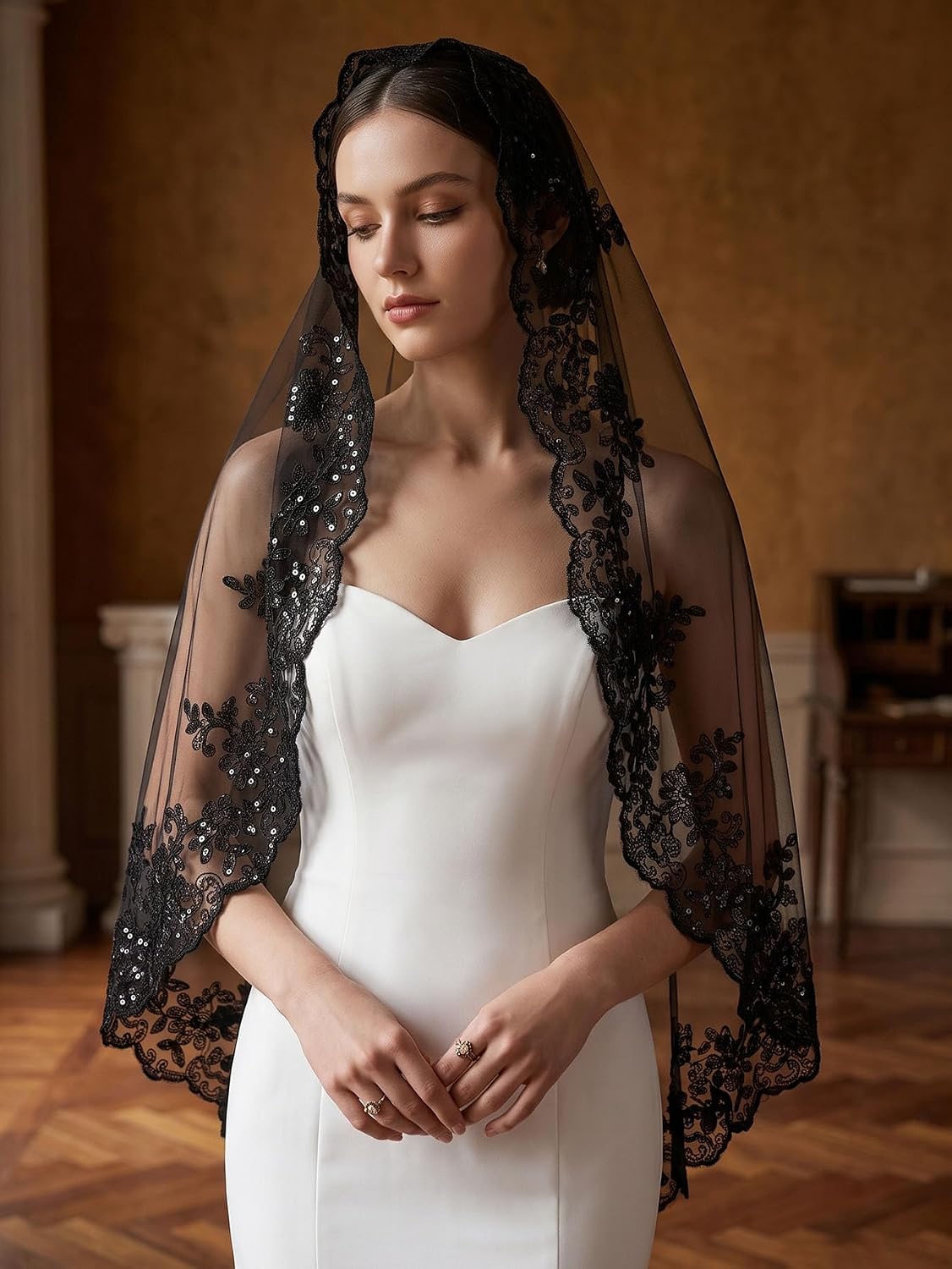 Mantilla Wedding Veil Sequins Lace Fingertip Length Bridal Veil image 2