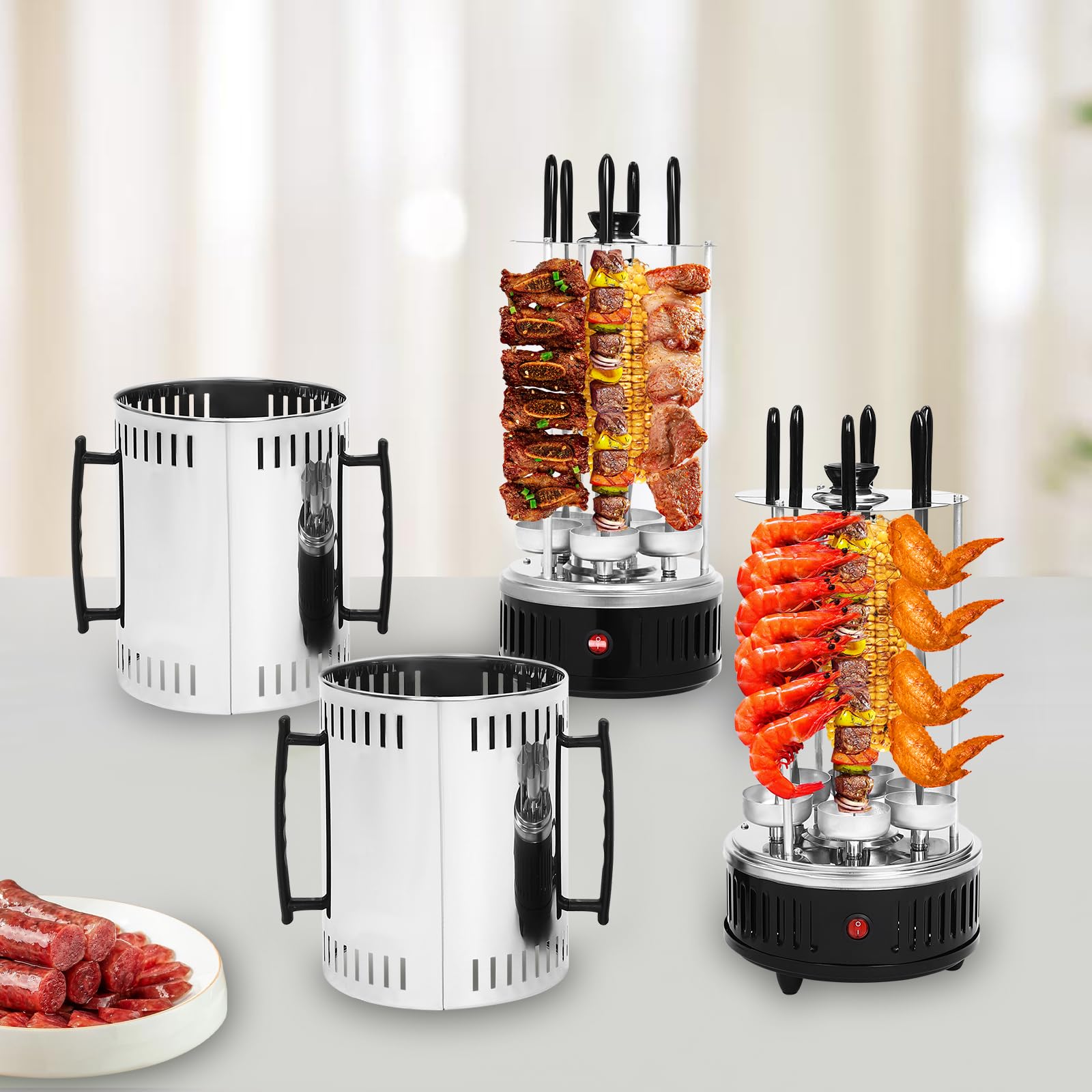 Pionowy grill elektryczny z 5/6 szpikulcami | automatyczna rotisseria 1000 W | niski poziom dymu i zdrowy | na rodzinne posiłki lub do gastronomii | stal nierdzewna | łatwy do czyszczenia