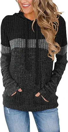 MixShe Women’s Color Block Knit Hoodie – Casual Long Sleeve Pullover Sweater Tops with Pocket