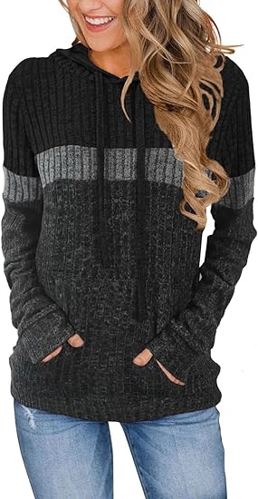 MixShe Women’s Color Block Knit Hoodie – Casual Long Sleeve Pullover Sweater Tops with Pocket
